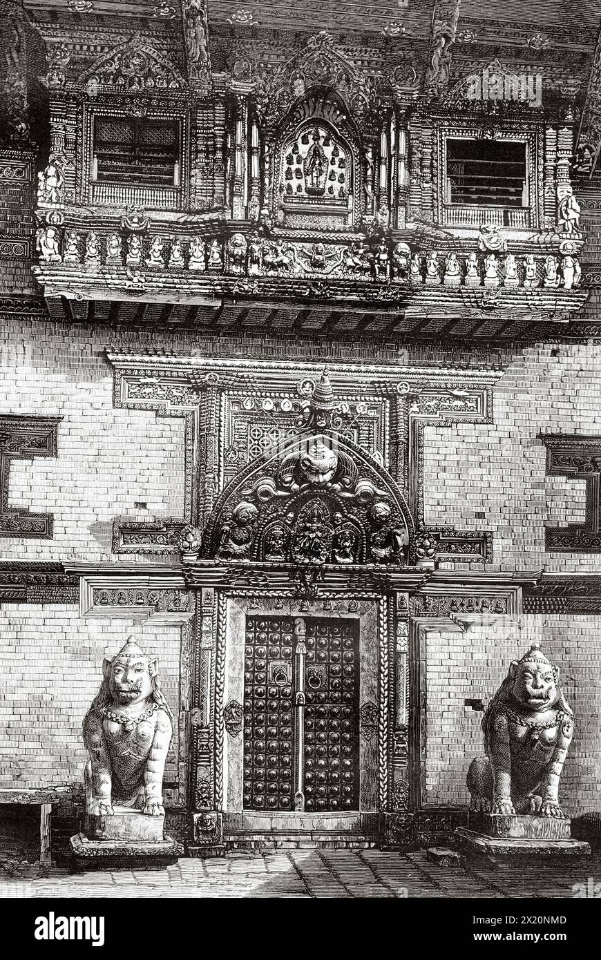 Antica porta del Palazzo reale, Piazza Durbar di Patan, Lalitpur, valle di Kathmandu. Nepal. Asia. Disegno di Charles Barbant (1844 - 1921) viaggio in Nepal del Dottor Gustave le Bon (1841-1931) le Tour du Monde 1886 Foto Stock