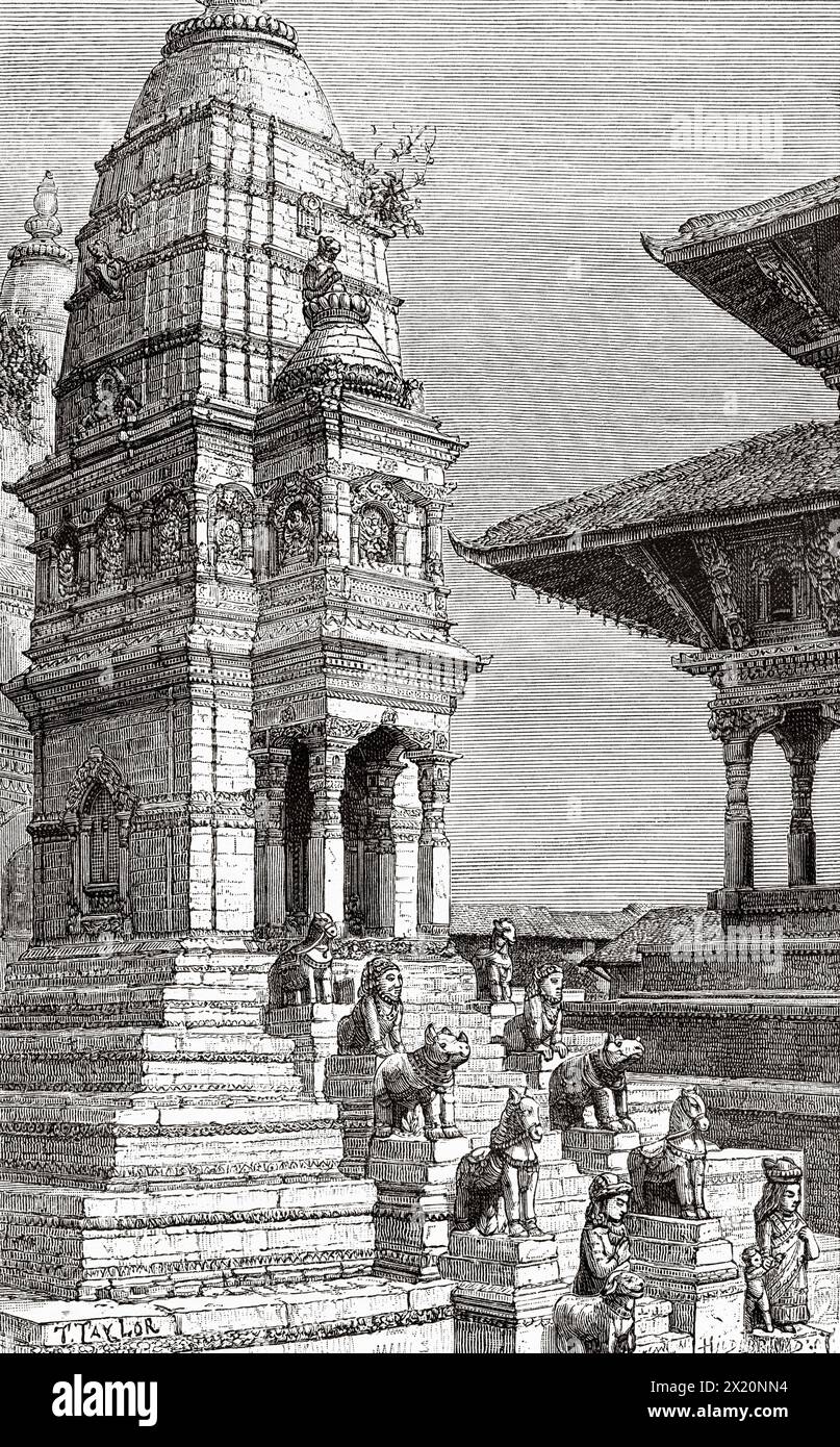 Tempio Siddhi Lakshmi in Piazza Durbar nell'antica città di Bhaktapur. Nepal. Asia. Disegno di Taylor. Viaggio in Nepal con il dottor Gustave le Bon (1841-1931) le Tour du Monde 1886 Foto Stock