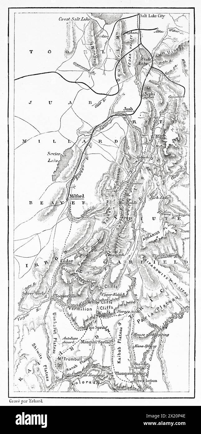 Mappa delle aree coperte da Albert Tissandier nello Utah e in Arizona. Stati Uniti. Disegno di Albert Tissandier. Viaggio di esplorazione nello Utah e in Arizona, Kanab e l'altopiano di Kaibab nel 1885. Le Tour du Monde 1886 Foto Stock
