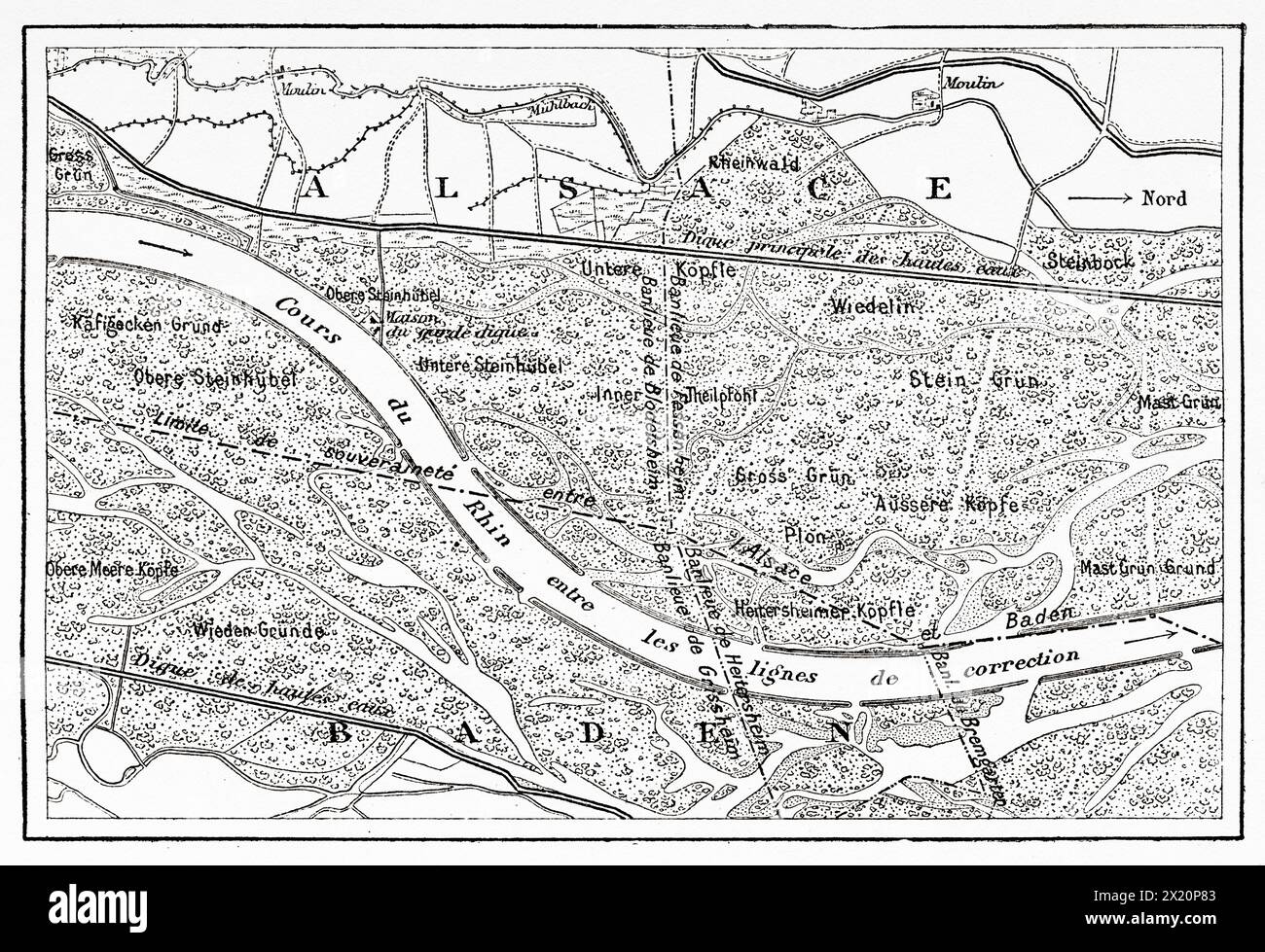 Corso del fiume Reno prima della correzione nel 1882, Alsazia, Francia. Attraverso l'Alsazia e la Lorena, 1884 di Charles Grad (1842 - 1890) le Tour du Monde 1886 Foto Stock