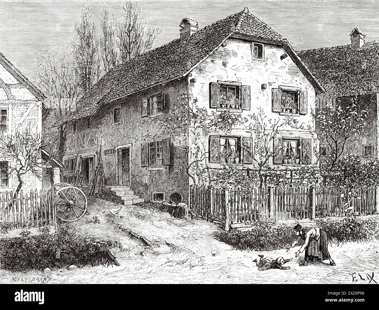 Villaggio di Bernwiller, luogo di nascita di Henner, Alsazia, Francia. Disegno di Frédéric Théodore LIX (1830 - 1897) attraverso l'Alsazia e la Lorena, 1884 di Charles Grad (1842 - 1890) le Tour du Monde 1886 Foto Stock