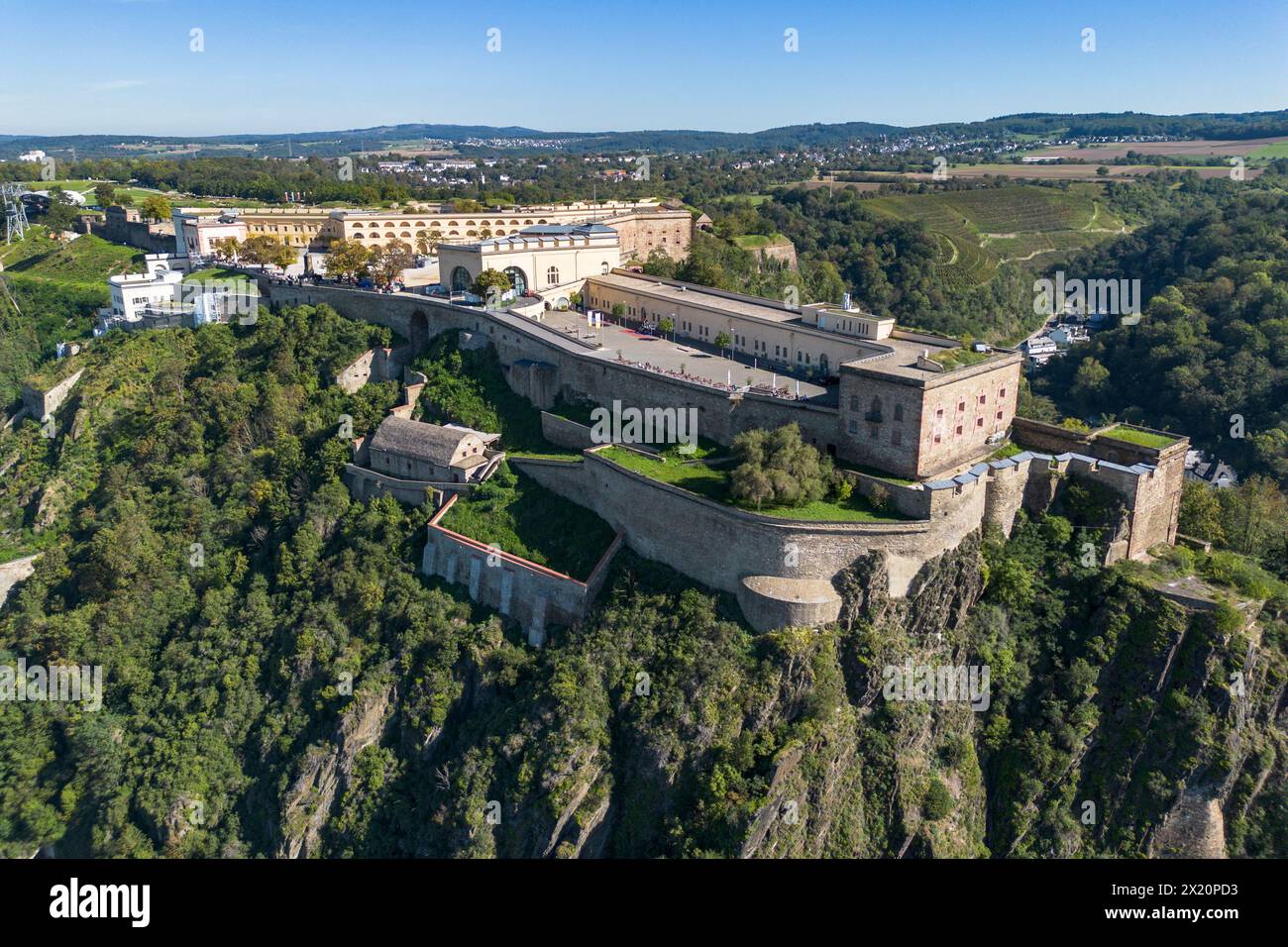 Vista aerea della fortezza di Ehrenbreitstein, Coblenza, Renania-Palatinato, Germania, Europa Foto Stock