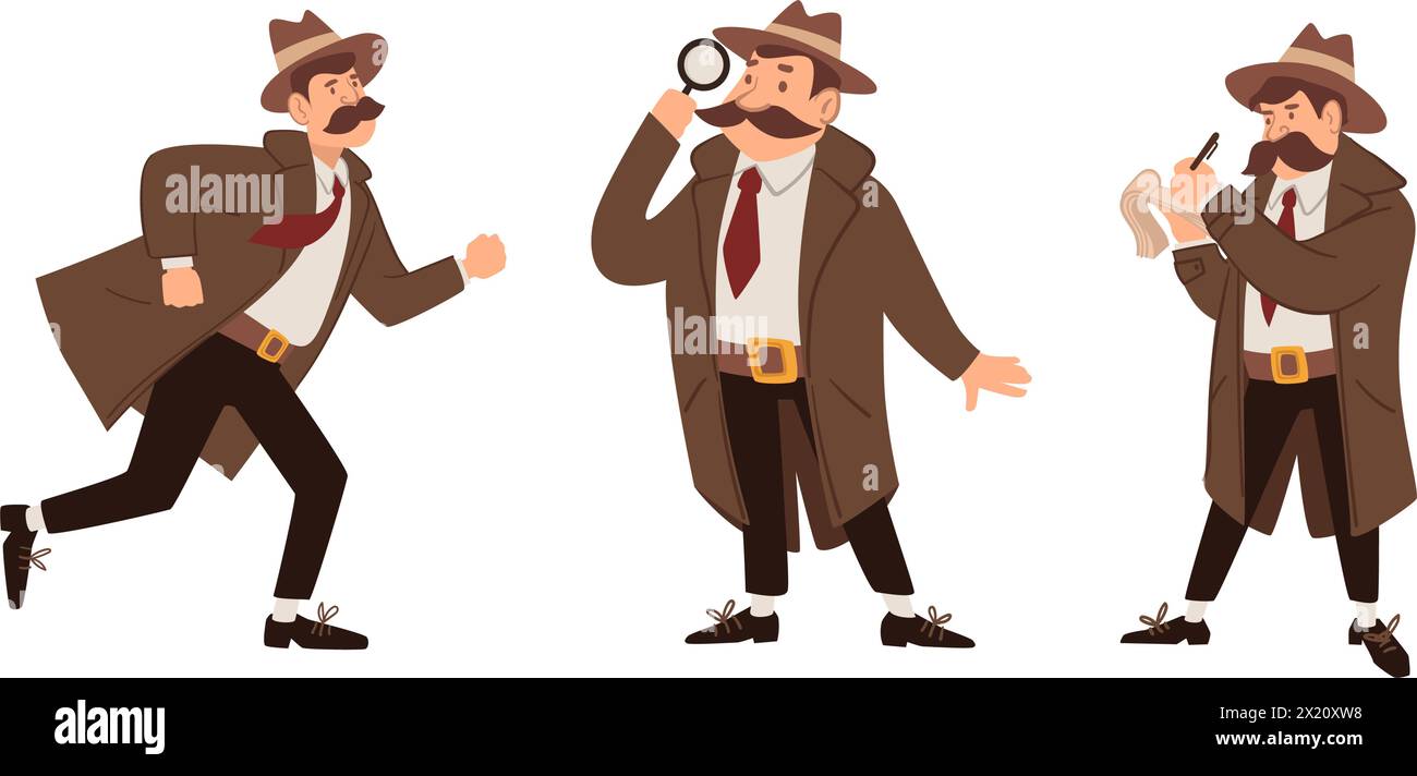 Il classico personaggio detective pone le pose Illustrazione Vettoriale