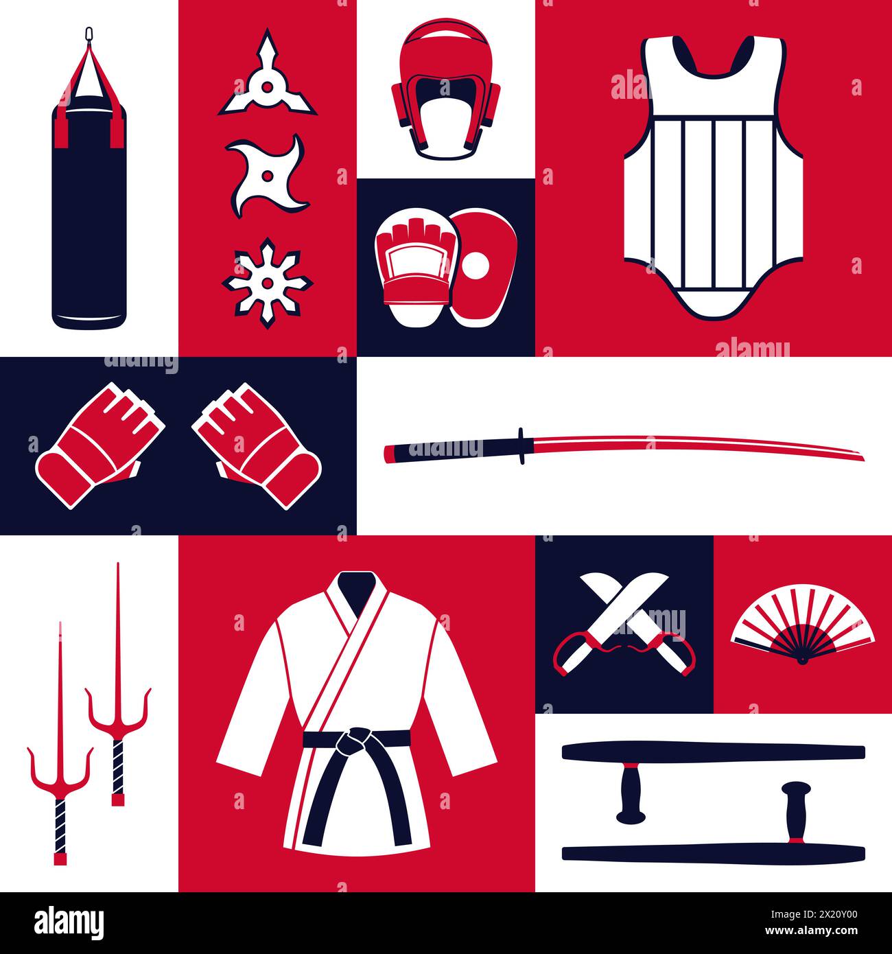 Arti marziali miste e attrezzature da combattimento, set di icone Illustrazione Vettoriale