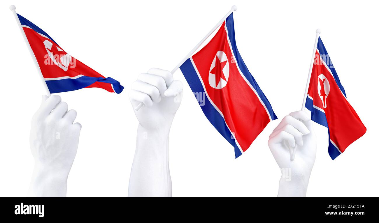 Tre mani isolate che sventolano le bandiere della Corea del Nord, simboleggiano l'orgoglio e l'unità nazionale Foto Stock