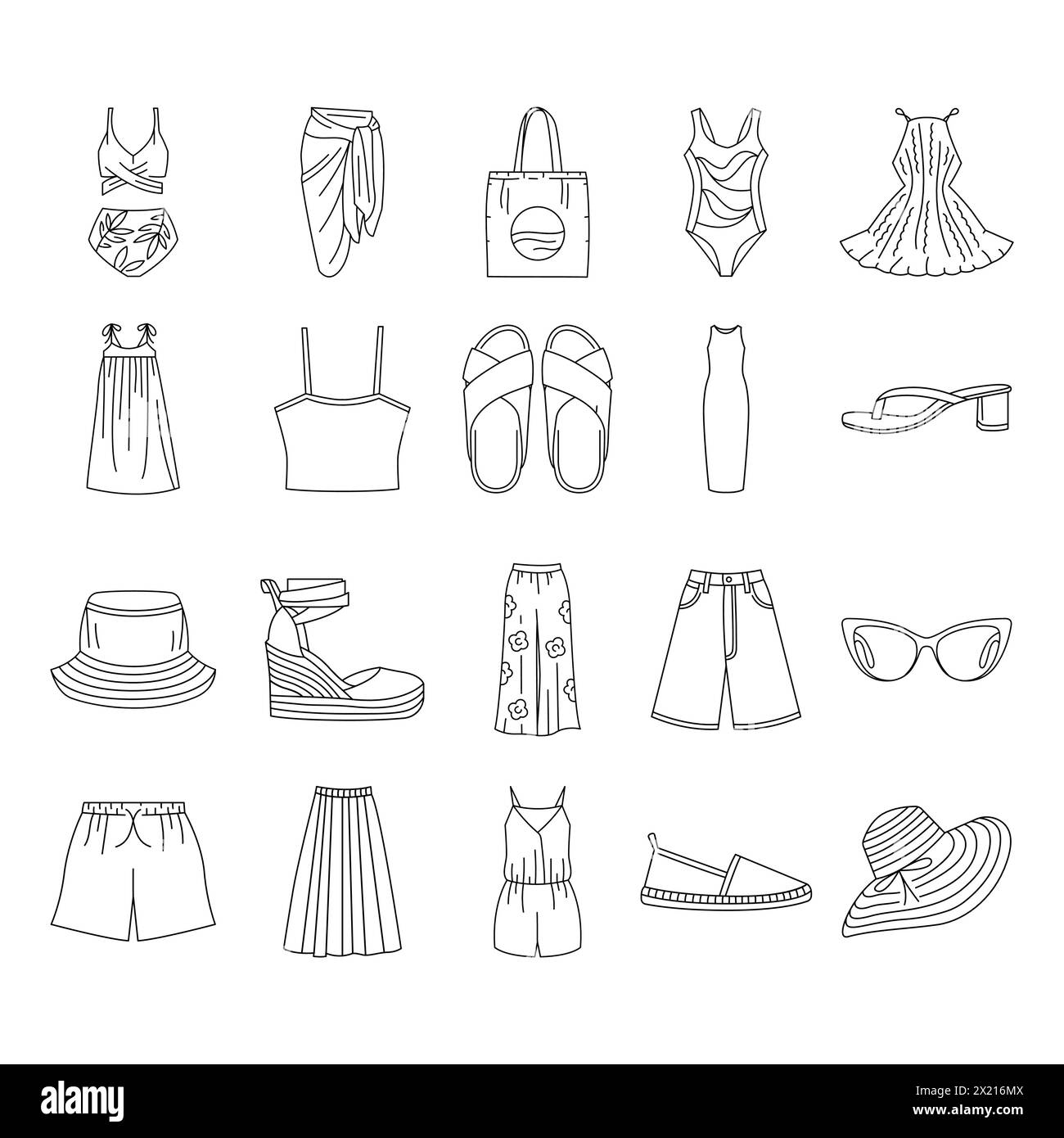 Set di icone colorate della linea di abiti estivi da donna. Segni per pagina Web, app mobile, pulsante, logo. Pulsante isolato vettore. Traccia modificabile. Illustrazione Vettoriale