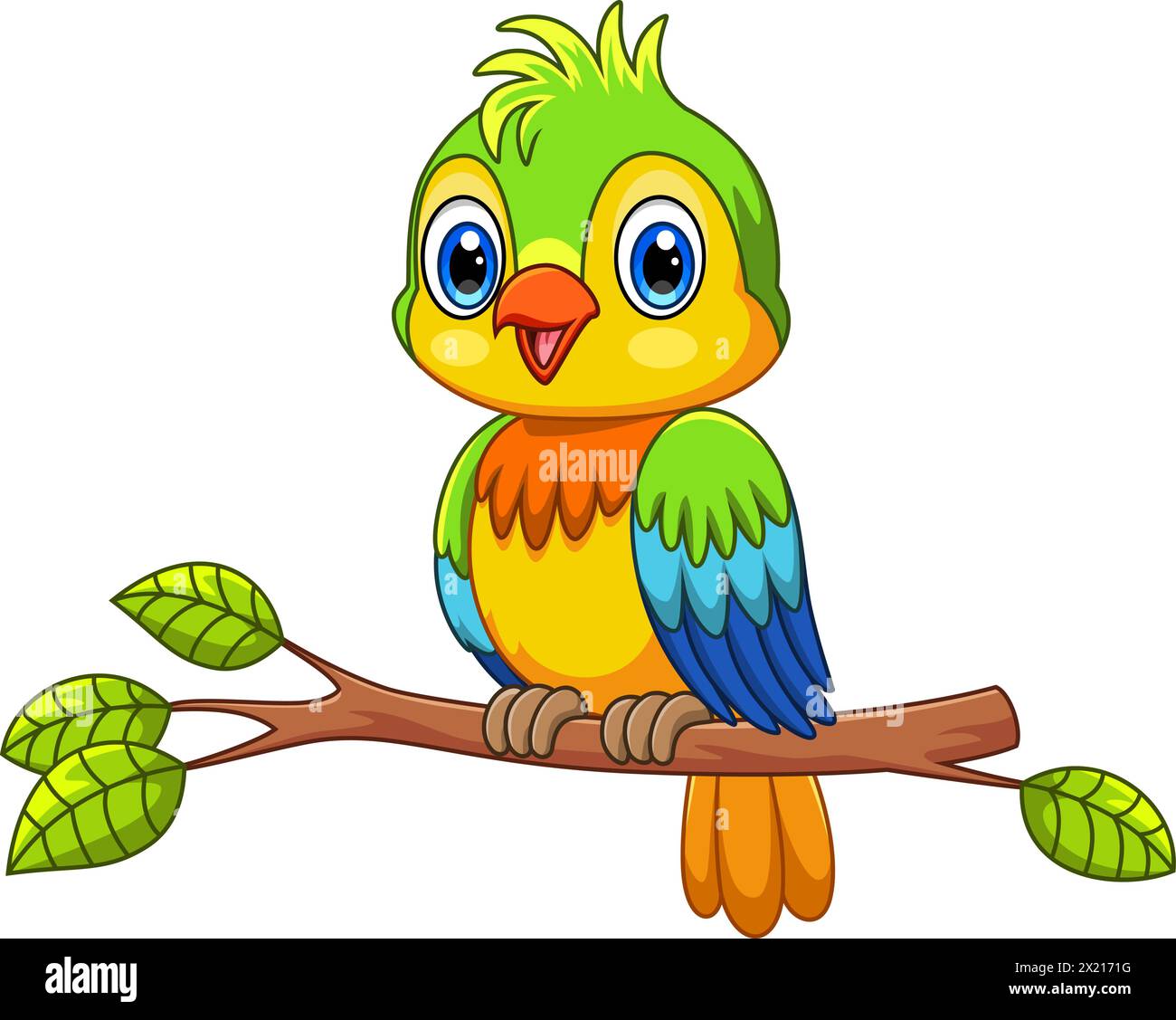 Cartoni animati pappagallo su un ramo d'albero Illustrazione Vettoriale