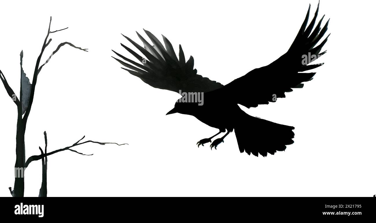 Illustrazione vettoriale di un uccello volante con silhouette nera su uno sfondo bianco pulito, che cattura forme graziose. Illustrazione Vettoriale