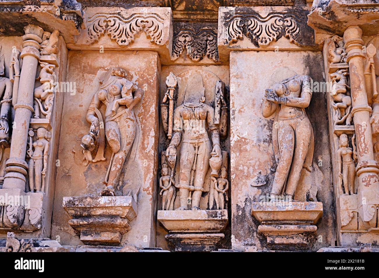 Idoli scolpiti sulla parete interna del Tempio di Kakanmath, Bawadipura, Madhya Pradesh, India Foto Stock