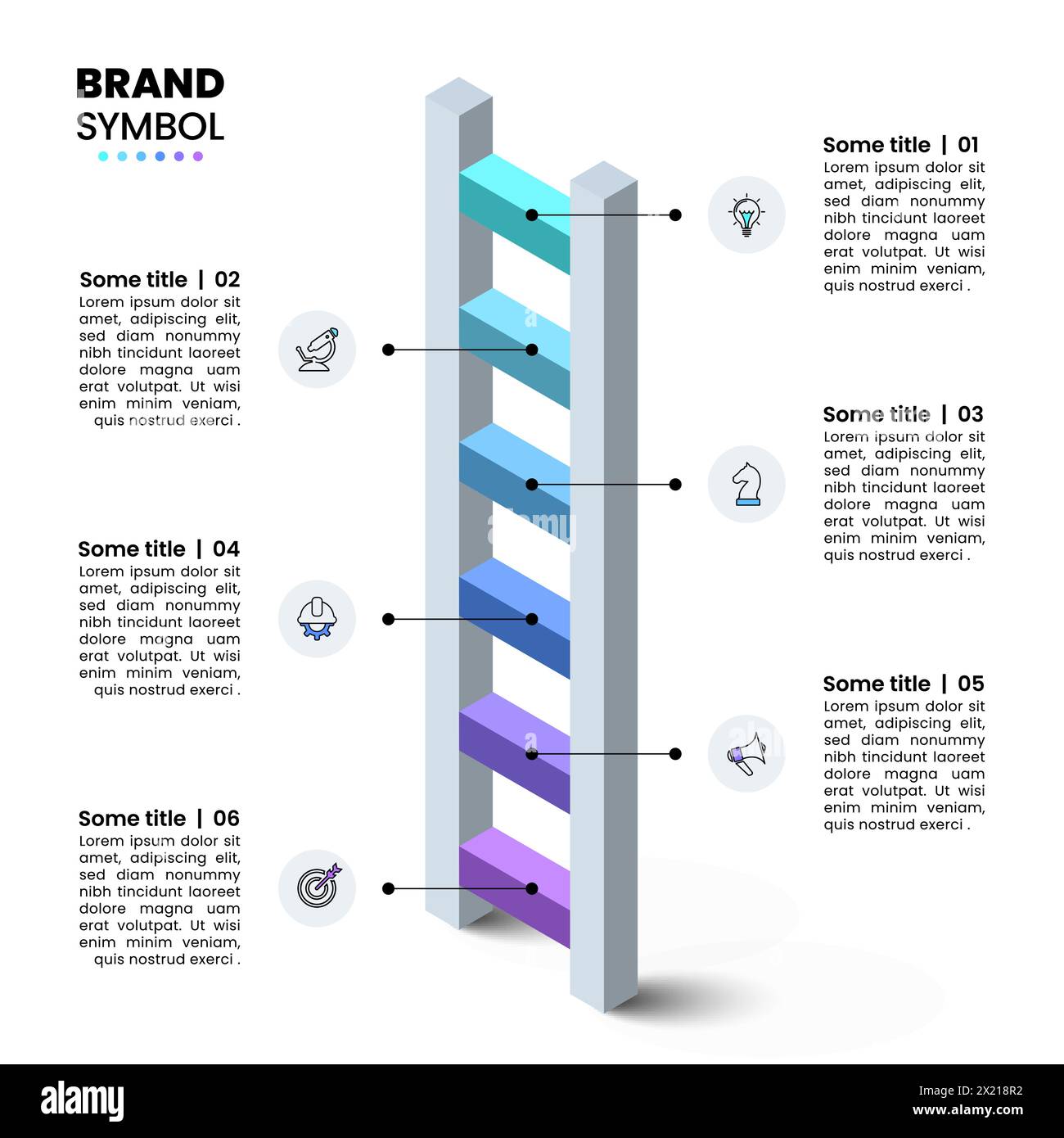 Modello infografico con icone e 6 opzioni o passaggi. scala 3d. Può essere utilizzato per layout del flusso di lavoro, diagrammi, banner, webdesign. Illustrazione vettoriale Illustrazione Vettoriale