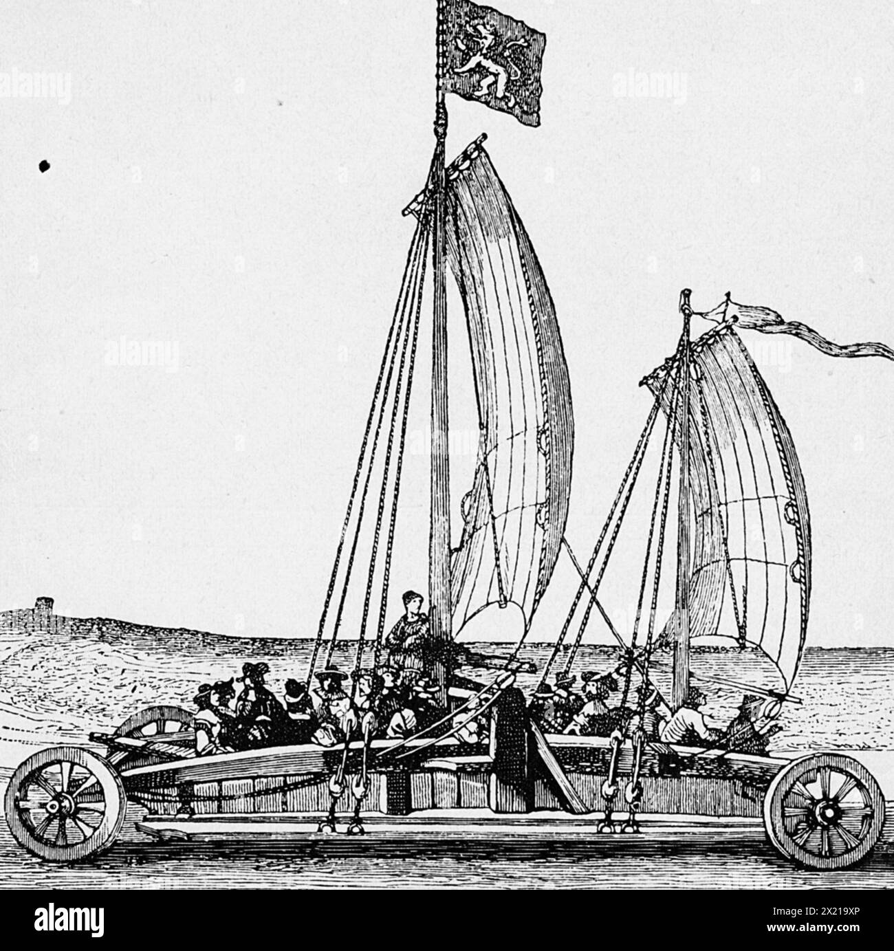 Trasporto, pullman, carro a vela von Simon Stevin per il principe Maurizio d'Orange, 1600, incisione in legno, DIRITTI AGGIUNTIVI-CLEARANCE-INFO-NON-DISPONIBILE Foto Stock