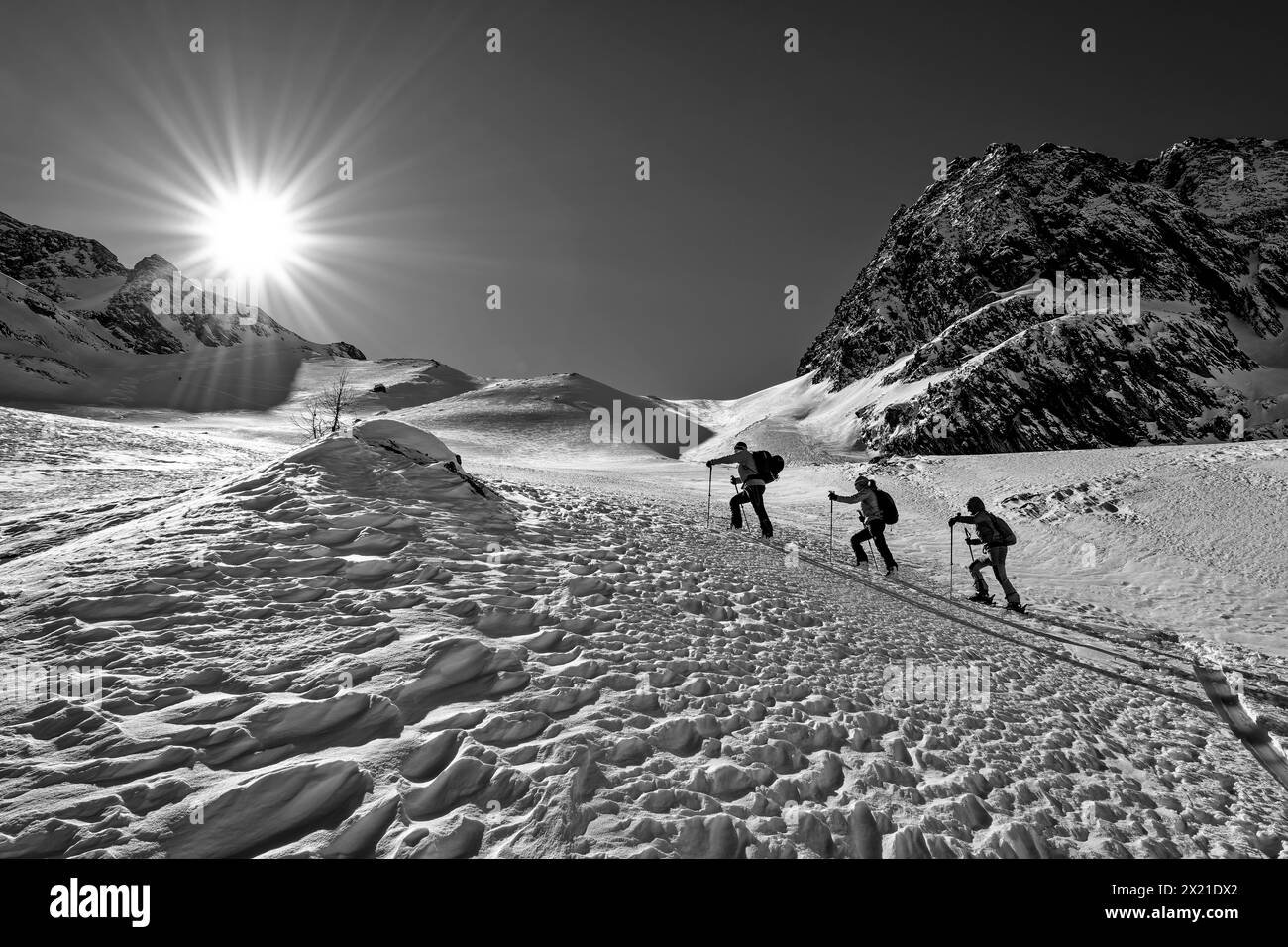 Tre persone in un tour sciistico scalano il Höllensteinkar attraverso il volo a vento, le Alpi della Zillertal, il Parco naturale delle Alpi della Zillertal, il Tirolo, l'Austria Foto Stock