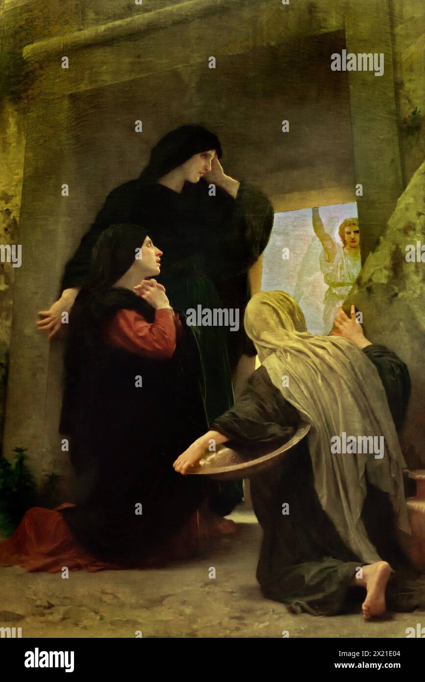 Le sante donne alla tomba, 1890 di William Bouguereau (la Rochelle 1825 - la Rochelle 1905) francese Francia Royal Museum of fine Arts, Anversa, Belgio, Belgio. Maria Maddalena e altre due donne trovano la tomba di Gesù aperta e vuota. Un angelo dice loro che Gesù è risorto dai morti, il che fa sì che le donne diventino spaventose e tristi. Foto Stock