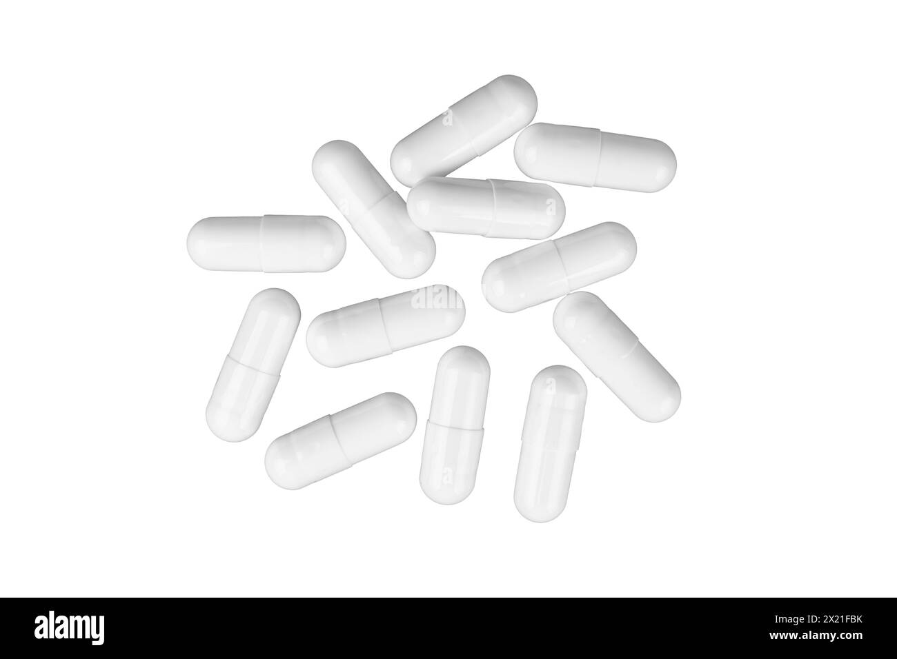 Capsule di pillole bianche sparse isolate su sfondo bianco. Antibiotici, integratore, vitamina, concetto di assistenza sanitaria, medicina farmaceutica Foto Stock