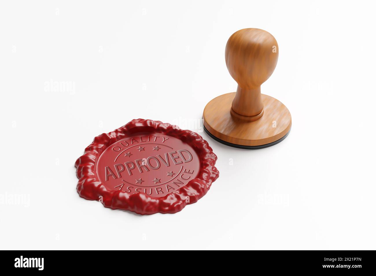 Marchio rosso a cera che mostra le parole GARANZIA DI QUALITÀ APPROVATE accanto a un timbro di legno. Controllo di qualità e standard di prodotto più elevati Foto Stock