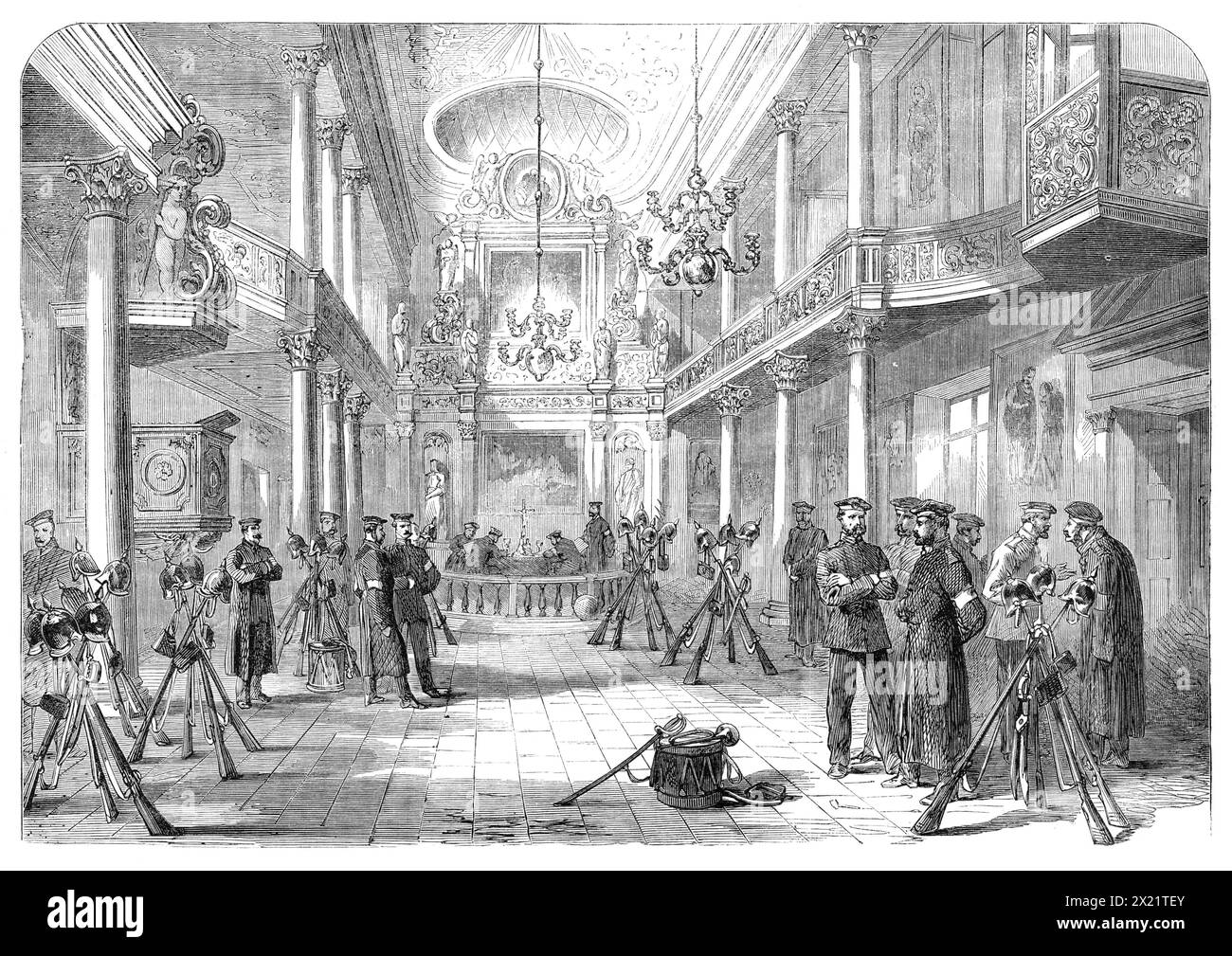 The War in Schleswig: chapel at Gravenstein [in Danimarca] usata come caserma prussiana - da uno schizzo del nostro artista speciale, 1864. Vista '...dell'interno della cappella, che in questi giorni è stata trasformata in una stanza di guardia per i soldati prussiani. Un gruppo di loro seduti all'altare sembra scrivere lettere ai loro amici. Da "Illustrated London News", 1864. Foto Stock