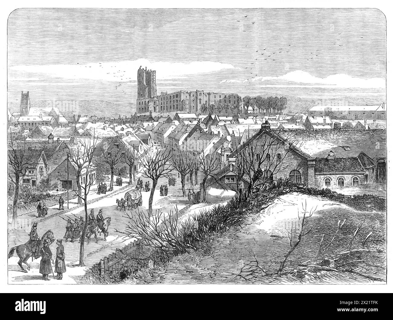 La guerra in Danimarca: Kolding, Jutland, il quartier generale degli eserciti alleati - da uno schizzo del nostro artista speciale, 1864. "Questa piccola città, che ha solo quattromila abitanti, si trova al confine tra lo Jutland e lo Schleswig, alla foce di un fiume, l'AA di Kong, che lì entra in un'insenatura del Mar Baltico, la vista del nostro artista è da sud o dalla strada dello Schleswig. Il grande edificio con una torre quadrata, alla testa della città, è il Castello di Kolding, che è una mera rovina, dal momento che la conflagrazione che lo dominava circa cinquanta o sessant'anni fa, durante la sua occupazione da parte della truppa spagnola Foto Stock