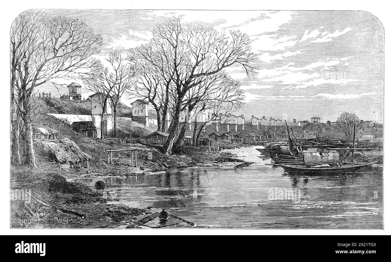 La ribellione Taeping in Cina: Inside of the Walls of Soo-Chow, 1864. Incisione da una fotografia, "...un'illustrazione della cattura della città cinese di Soo-Chow da parte delle truppe imperialiste, sotto il maggiore Gordon; e la conseguente distruzione dei Taeping o dei capi ribelli...l'aspetto delle mura cittadine, che si affacciano sull'acqua". Da "Illustrated London News", 1864. Foto Stock