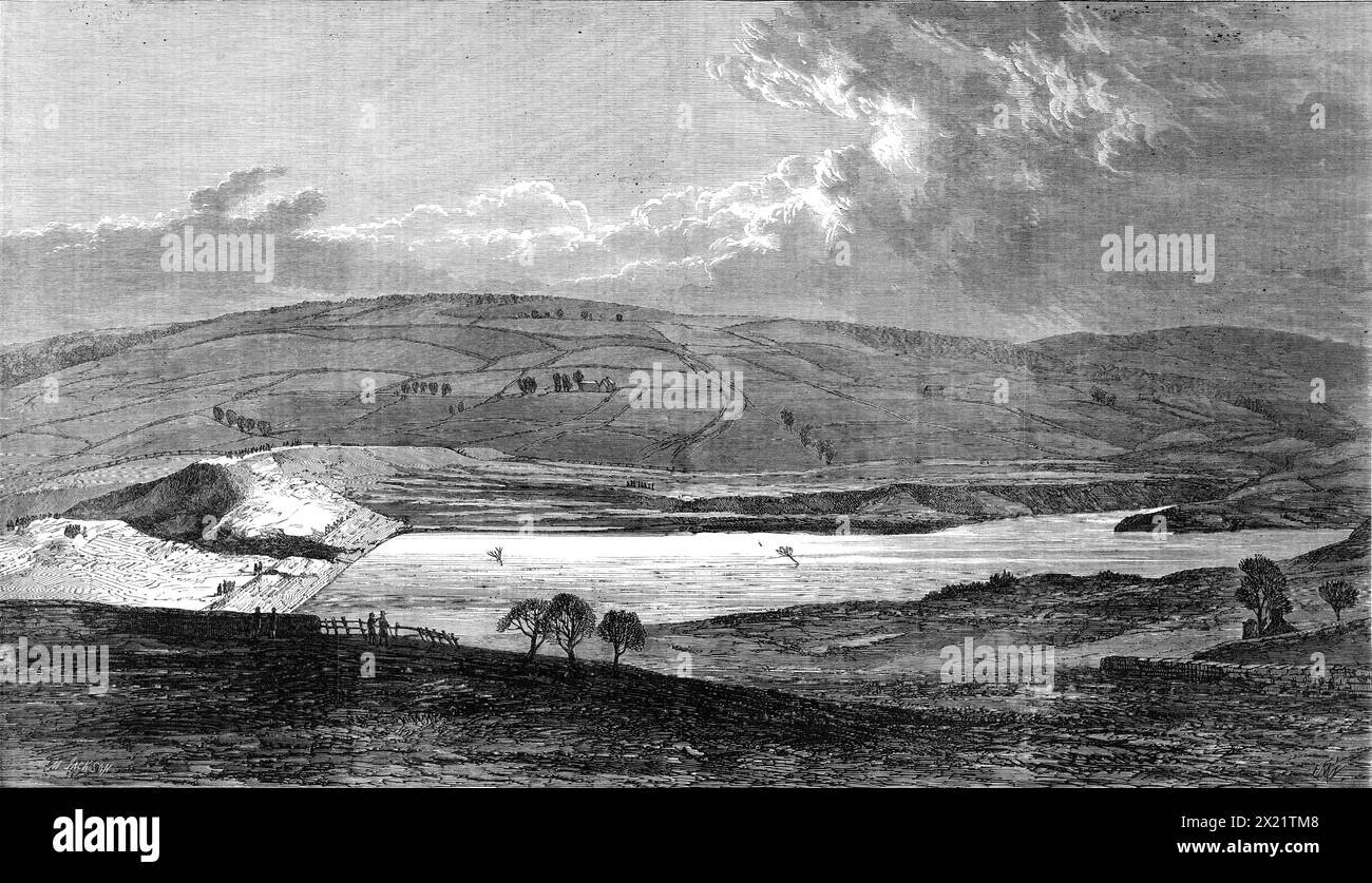 The Flood at Sheffield: Veduta del lago Bradfield Reservoir, che mostra la diga rotta, da uno schizzo del nostro artista speciale, 1864. Dopo lo scoppio di un serbatoio, causato da materiali da costruzione inadeguati. Più di cento persone sono state uccise. Da "Illustrated London News", 1864. Foto Stock