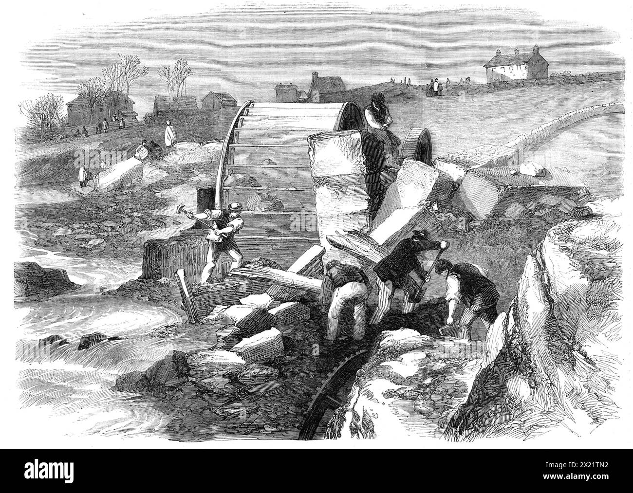 Illustrations of the Flood at Sheffield: Remains of Broadhead Wheel Mill, on the Loxley, vicino a Matlock: Workmen search for tools, 1864. Dopo lo scoppio di un serbatoio, causato da materiali da costruzione inadeguati. Più di cento persone sono state uccise. Da "Illustrated London News", 1864. Foto Stock