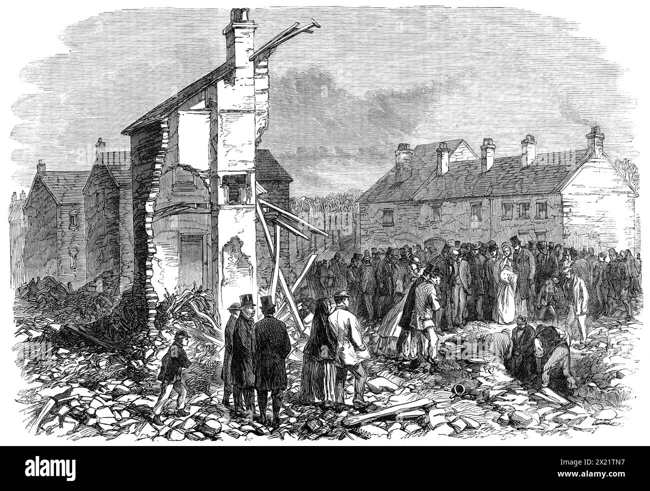Illustrazioni dell'inondazione di Sheffield: Searching for the Dead at Malin Bridge, 1864. Incisione da uno schizzo che mostra '... Le persone che scavano e cercano i corpi dei morti... l'inchiesta... ha portato a un verdetto che dichiara, ovviamente, che il defunto è venuto alla loro morte per annegamento nell'inondazione causata dallo scoppio del Bradfield Reservoir... e la giuria dichiara inoltre la propria opinione "che non c'è stata quell'abilità ingegneristica e che l'attenzione alla costruzione dei lavori che la loro grandezza e importanza richiedevano; che la legislatura dovrebbe accettarlo Foto Stock