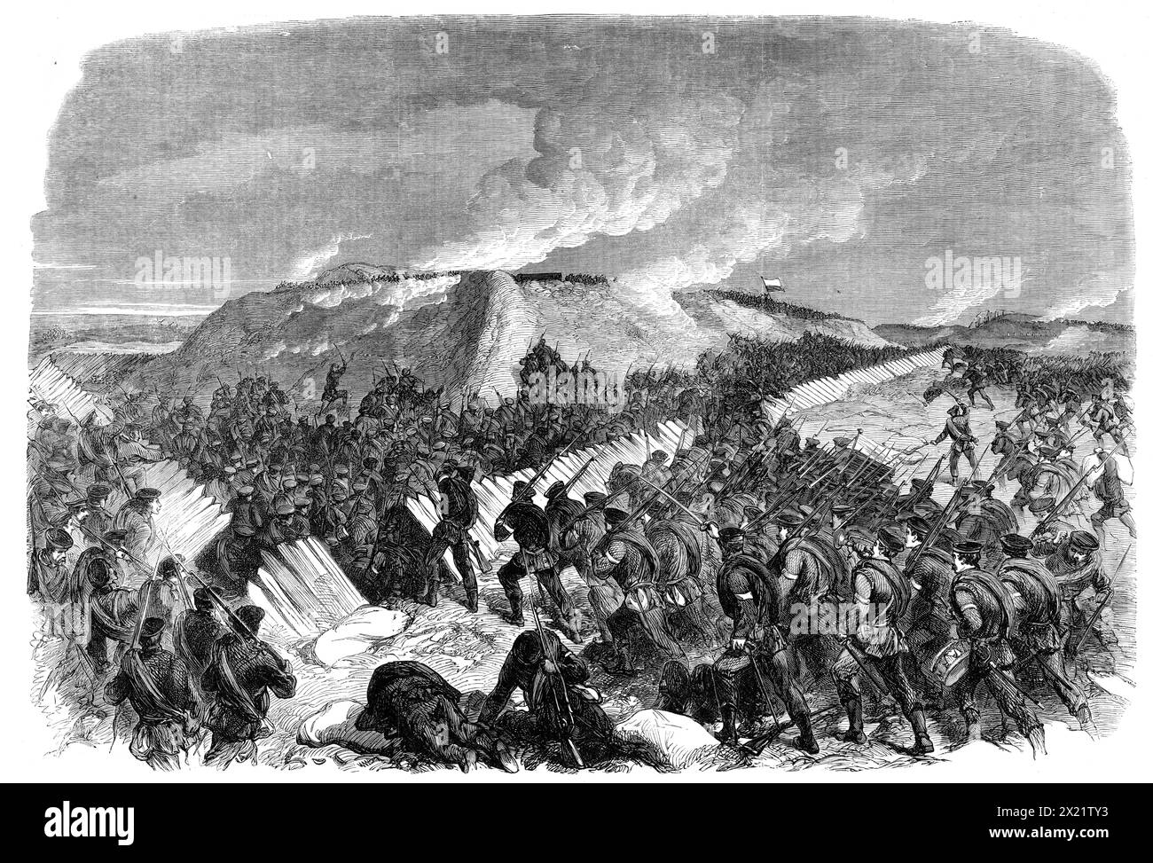 The War in Denmark: The Prussian Assault on Redoubt No. 6 at D&#xfc;ppel il 18 aprile - da uno schizzo del nostro artista speciale sul lato prussiano, 1864. Veduta di... l'assalto alla ridotta n. 6 da parte dei battaglioni combinati dei reggimenti di guardie di Elisabetta e Augusta. Il più piccolo redoubt sulla nostra mano destra è il No. 6, e un po' più indietro è il Redoubt No, 4'. Da "Illustrated London News", 1864. Foto Stock