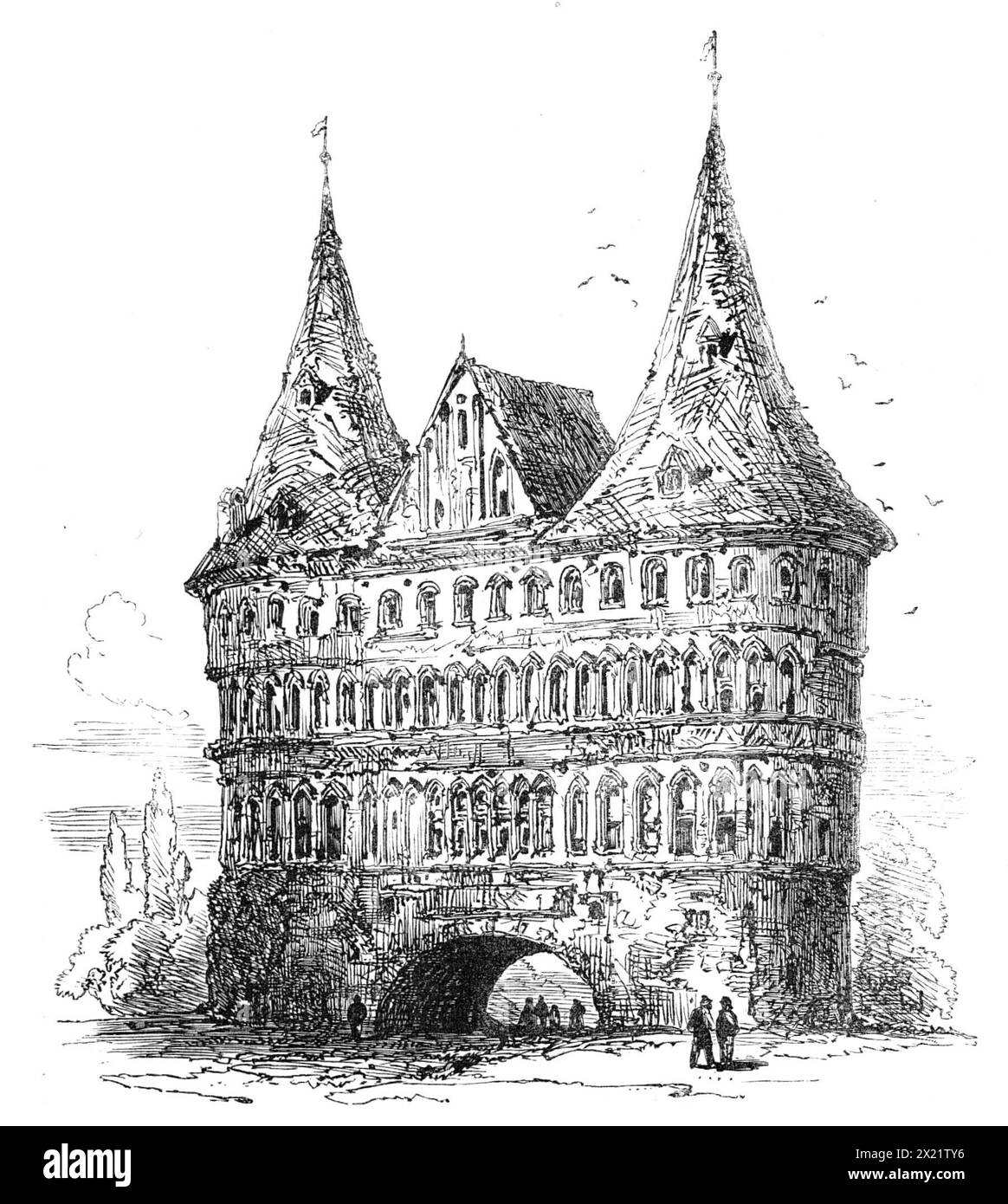 L&#xfc;beck: Holstein Thor, 1864. Veduta di '...il nobile Holstein Thor, che si erge di fronte a noi mentre usciamo dalla stazione L&#xfc;beck e ci dà un'idea della grandezza che ci attende all'interno delle mura di L&#xfc;beck. Questa porta, come la maggior parte degli edifici qui, è di mattoni rossi e smaltati, disposti in vari dispositivi. Forma un oggetto singolare e pittoresco mentre entriamo in questa gloriosa città vecchia. Da "Illustrated London News", 1864. Foto Stock