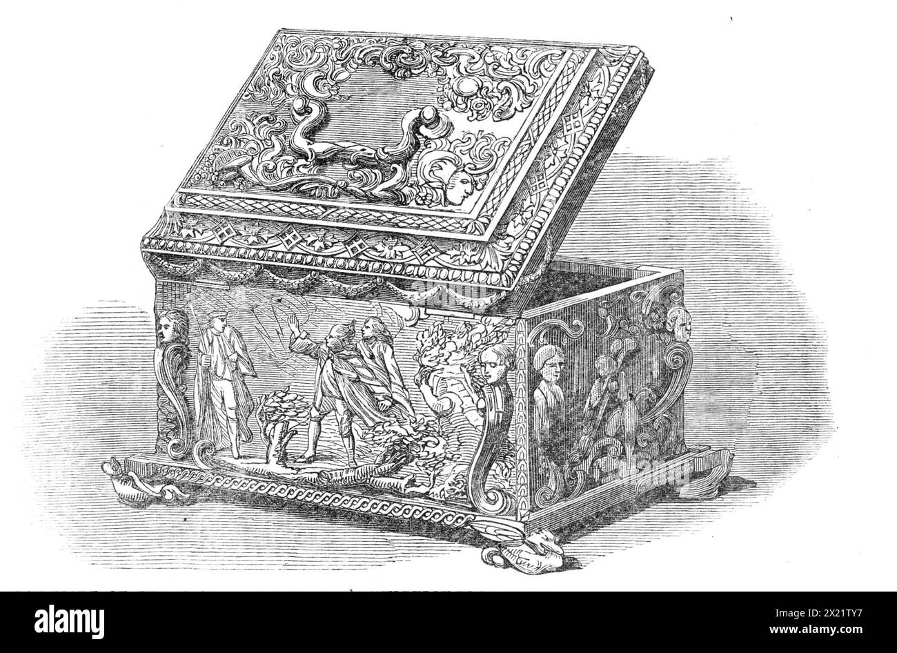 Scatola fatta di legno del gelso di Shakspeare, presentata a [David] Garrick dalla città di Stratford-on-Avon, 1864. Oggetto di un lascito al British Museum: "...la scatola o lo scrigno, realizzati con il legno del gelso piantato da Shakspeare, in cui la libertà del quartiere di Stratford-on Avon è stata presentata all'attore shakespeariano David Garrick. Questa bara fu acquistata dal compianto Mr. Mathews, il comico, alla vendita della signora Garrick, e quando la sua biblioteca e le sue curiosità furono portate al martello nell'agosto del 1835, fu, tra una folla di offerenti, abbattuto al signor George Daniel, A. Foto Stock