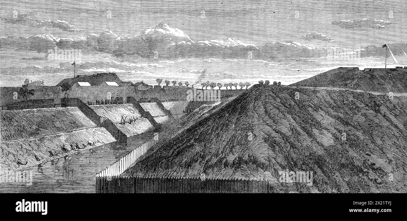 La guerra in Danimarca: Fortificazioni di Fredericia - Bastione Schleswig e Bastione della Principessa, 1864. Incisione da uno schizzo '...del nostro artista speciale, ultimamente con gli eserciti alleati prussiani e austriaci nello Schleswig. Visitò Fredericia, nello Jutland, poco dopo che fu abbandonata dalla guarnigione danese. Le fortificazioni di quella città... sono state rapidamente demolite; un certo numero di abitanti danesi sono stati costretti dai loro duri conquistatori a prendere parte a questo lavoro... l'incisione rappresenta il Bastione Schleswig e il Bastione della Principessa, che difendono l'ingresso occidentale della città, a. Foto Stock