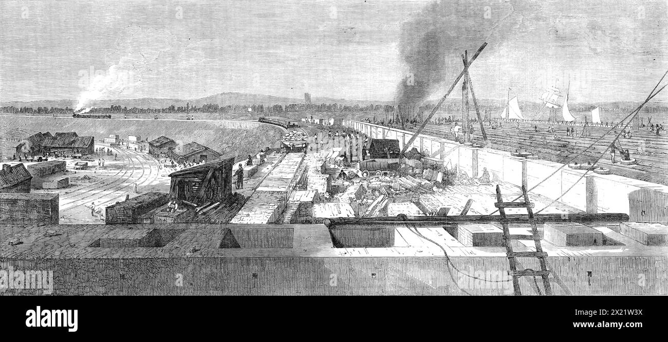 London Main-Drainage Works: Veduta della caduta del Northern Drainage a Barking Creek, 1864. Illustrazione di opere su '...la grande caduta settentrionale sul lato Essex del Tamigi, ad ovest del fiume Roding (generalmente noto come Barking Creek.)...il terrapieno in lontananza...contiene sepolti in esso le grandi fogne attraverso le quali l'intero drenaggio accumulato della metropoli a nord del Tamigi trova la sua strada nel fiume...le estese opere indicate a destra sono le cime degli archi che coprono il serbatoio (12 acri di estensione) in cui le acque reflue sono consentite a Foto Stock