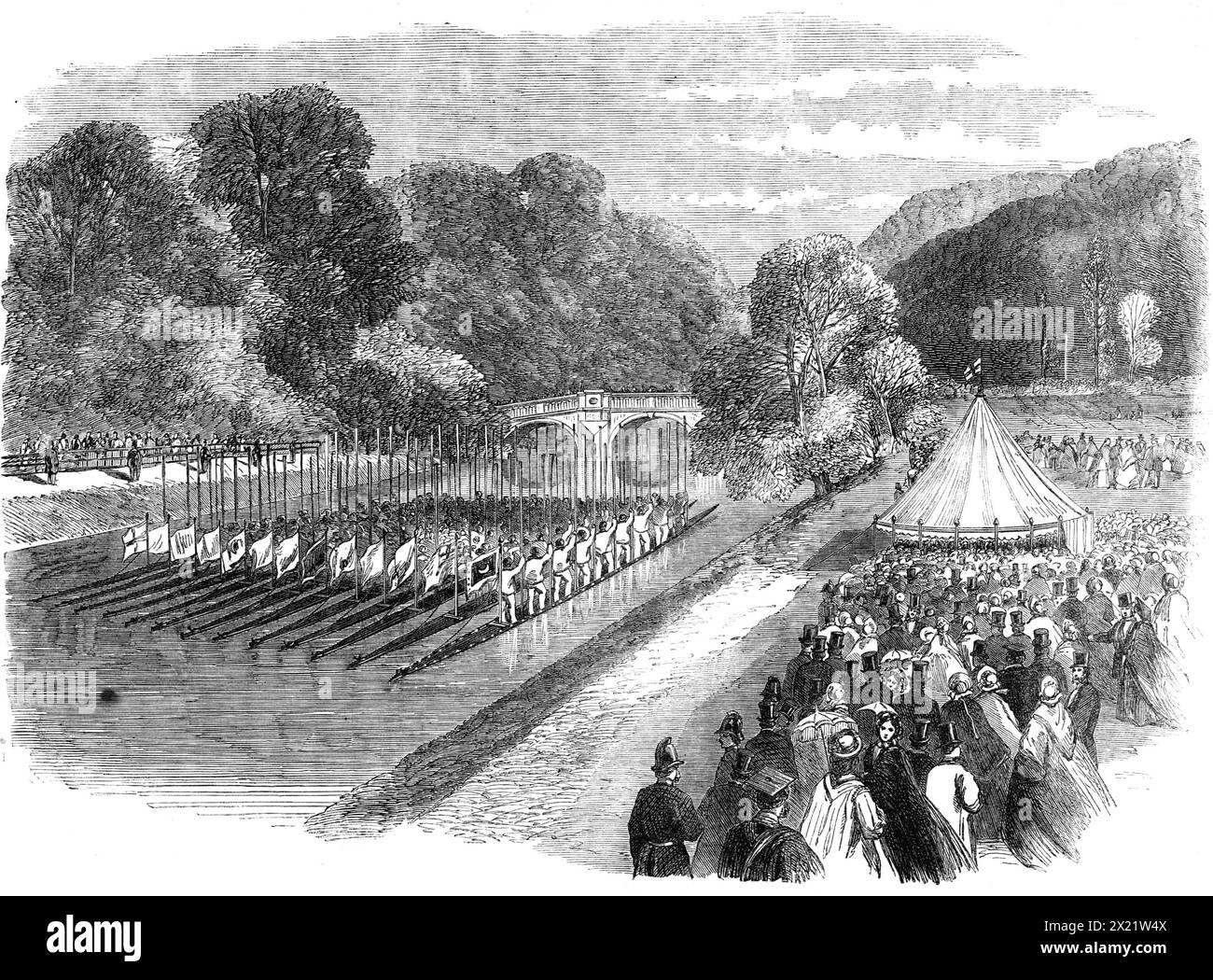 Visita reale a Cambridge: La processione in barca sulla Cam in onore del Principe e della Principessa di Galles, 1864. 'Nel terreno di St. John's College...è stato uno dei scenes...namely più brillanti, la smistamento delle barche universitarie in onore dei visitatori reali...l'intera scena sembrava estremamente animata sotto il sole del pomeriggio, e animata dalle bandiere gay e dai fiori con cui era decorata la flottiglia delle fate...ogni altra barca portava la sua bandiera distintiva, e tutti mostravano lo standard nazionale della Danimarca. Un uomo sul Clare Bridge sventolò una bandiera, e ogni barca mentre passava unde Foto Stock