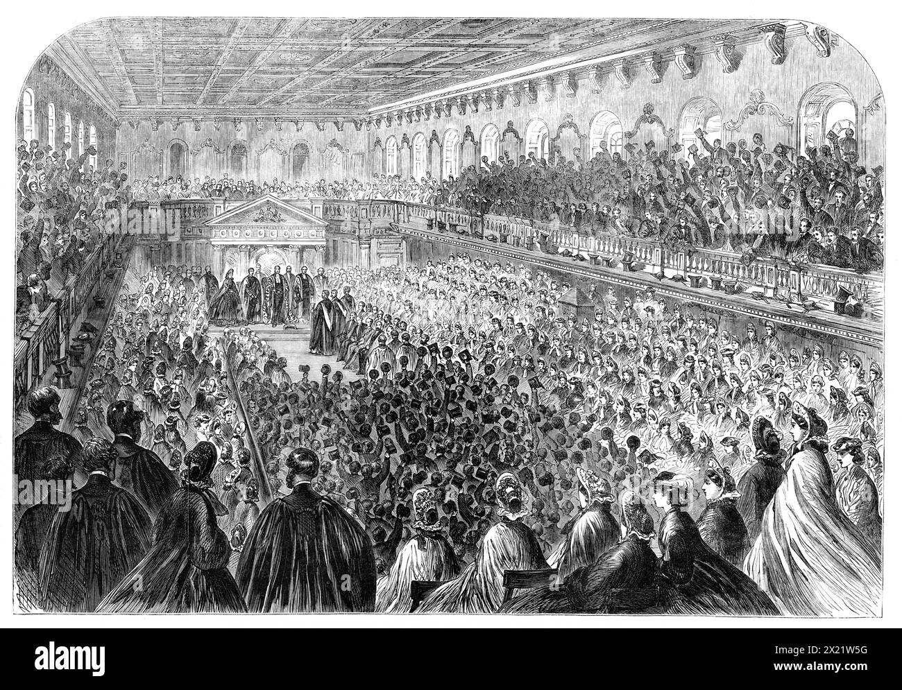 The Royal Visit to Cambridge - The Senate-House: "Three Cheers for Denmark!", 1864. Il Principe di Galles, (futuro re Edoardo VII) partecipa al conferimento dei gradi. "Il corpo della sala e le gallerie erano, come al solito, affollati di membri dell'Università, e nei posti riservati c'erano i visitatori disgustati... tre applausi per Lord Palmerston e tre calorosi applausi per il Principe e la Principessa... il Cancelliere, accompagnato dal Vice Cancelliere e dal Conte di Powis, ha preso posto sul dais, e la Principessa di Galles fu condotta alla cattedra di S. Foto Stock