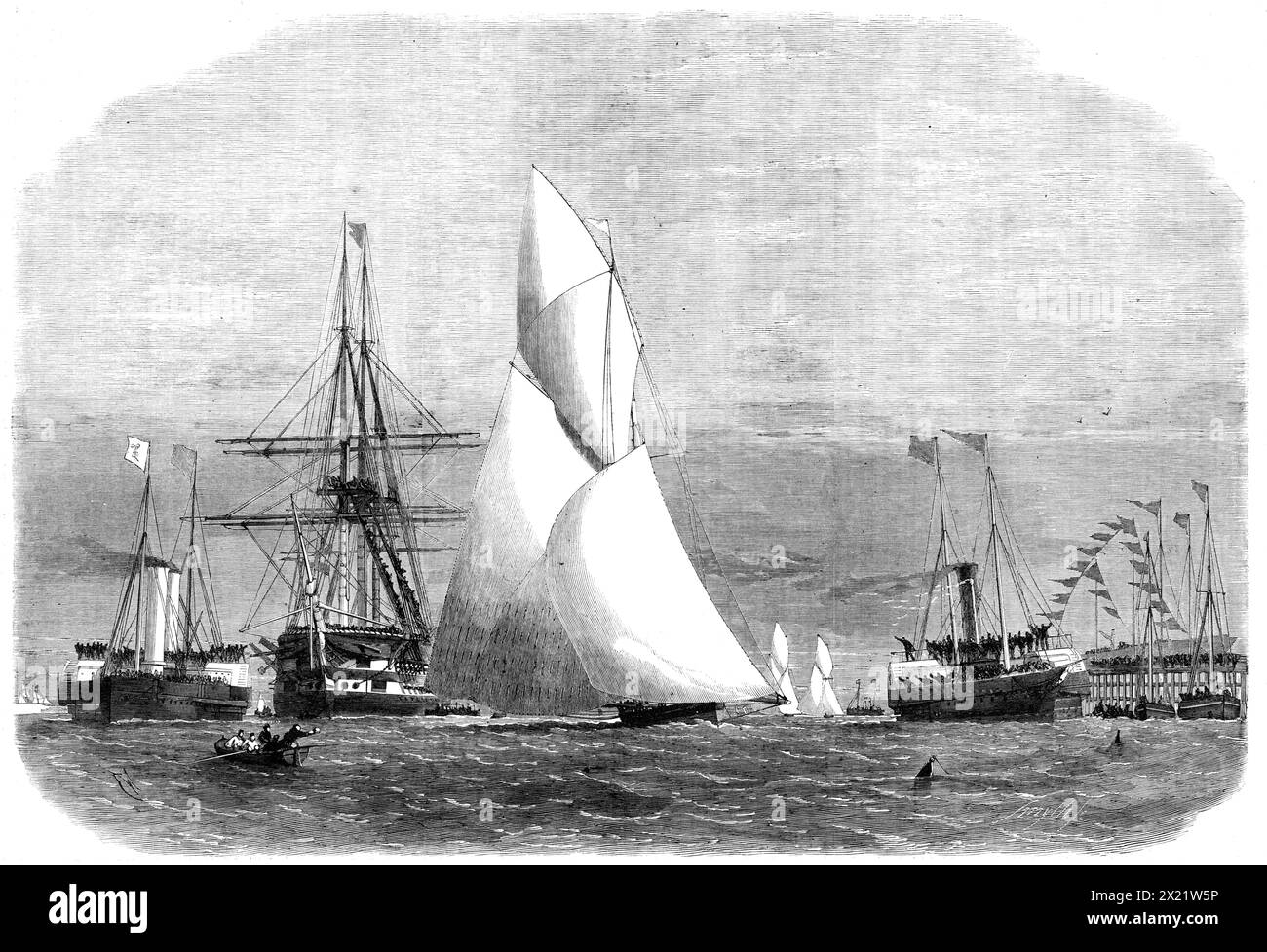 The Ocean Yacht Match da Gravesend ad Harwich sabato 4 giugno: The volante Winning the Cutters' Prize, 1864. La volante, una taglierina di 60 tonnellate appartenente alla H. C. Maudslay, vince '...il grande evento della stagione nautica. Il primo premio, per scolari e yawl, è stato &#xa3;80; e il secondo, per taglierini, &#xa3;50. Ben ventisette yacht hanno partecipato a questa gara - tredici taglierini, undici scolarette e tre yawl...il tempo era bello e piacevole; ma, tranne quando si trovava vicino a Southend, e per un tempo molto breve, non c'era mai abbastanza vento per sviluppare la migliore vela qual Foto Stock