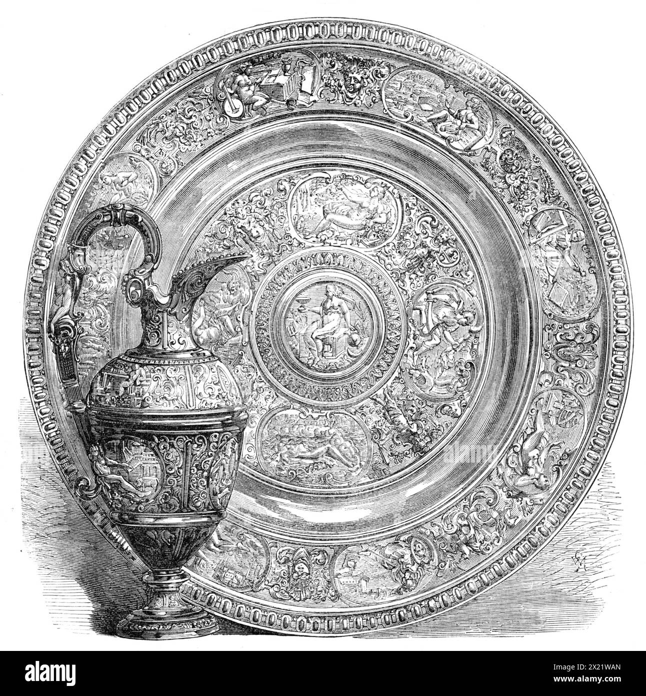 Premio assegnato dai redattori dello "Spectator" per essere girato al Wimbledon Rifle Meeting, 1865. "La nostra incisione rappresenta il design dello scudo e della mandria che i redattori dello Spectator hanno assegnato come premio per essere girato al Wimbledon Meeting della National Rifle Association questa settimana. Questo premio è assegnato al tiratore che ha ottenuto il maggior numero di punti in cinque tiri (senza che la retroguardia venga sollevata), a qualsiasi distanza tra 200 e 300 metri, come può dirigere l'ufficiale responsabile della squadra. Il materiale dello scudo e del mandriere è il bronzo, e t Foto Stock