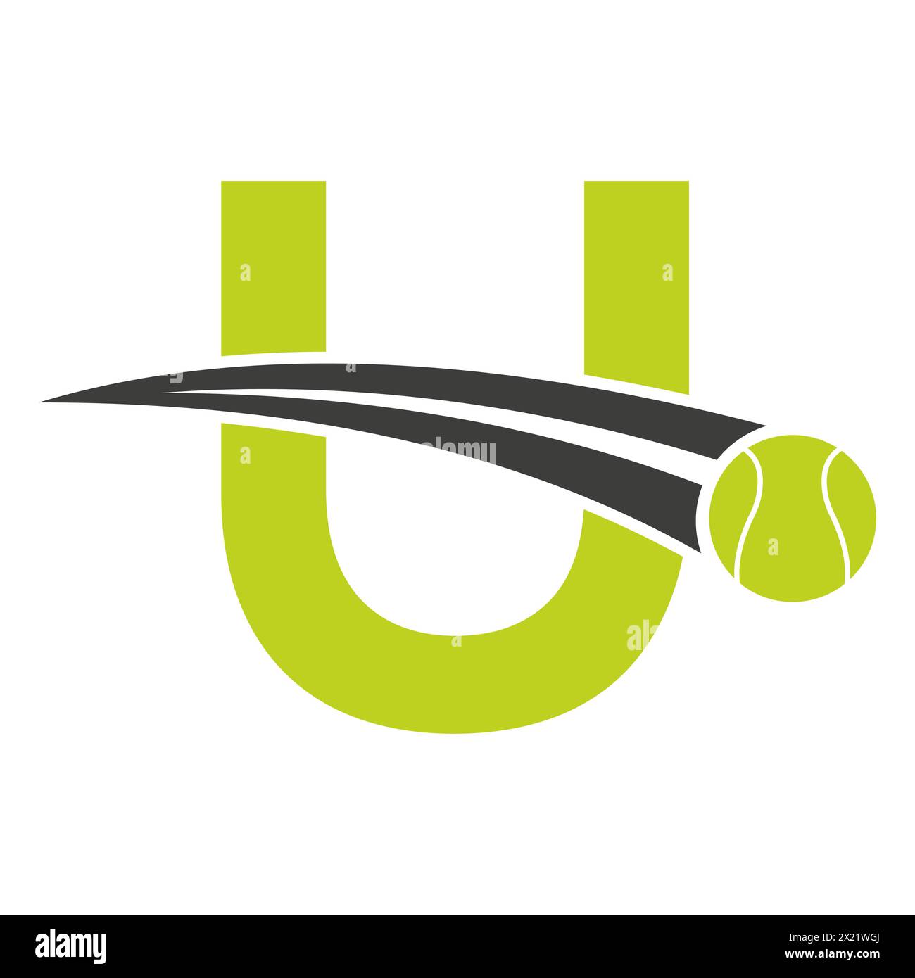 Logo da tennis sulla lettera U con simbolo della palla da tennis in movimento. Insegna da tennis Illustrazione Vettoriale
