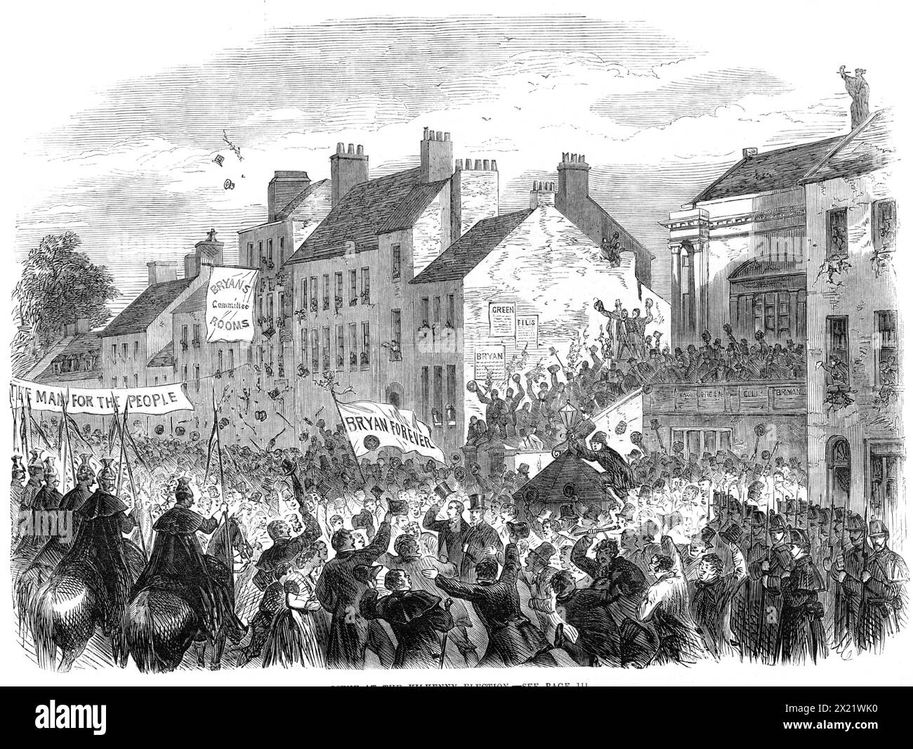 Scena alle elezioni di Kilkenny del 1865. Incisione da uno schizzo del signor Edmund Fitzpatrick. "Le elezioni irlandesi... sono di solito l'occasione, in quasi tutte le città, di una veemente esibizione dello spirito popolare, che a volte si manifesta sotto forma di gravi tumulti. La scena della nomina dei candidati per la contea di Kilkenny, che si svolgeva presso il Tribunale... era un esempio molto caratteristico del comportamento disordinato della moltitudine in queste occasioni... era necessario avere una truppa del 12th Lancers e una compagnia del 53rd Regiment... redatta per le strade durante il Foto Stock
