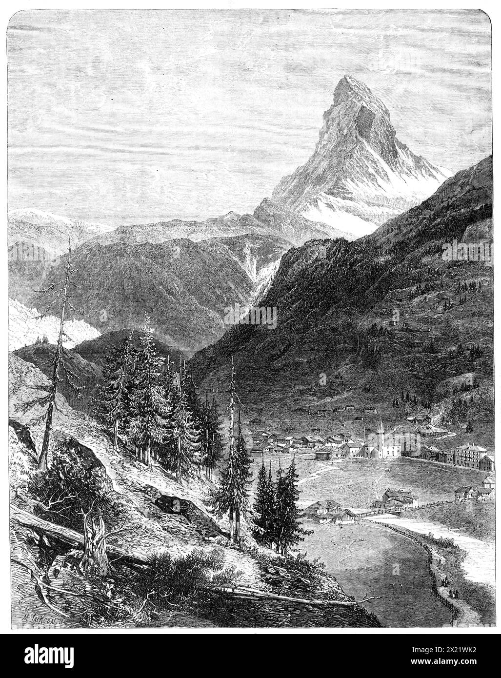 Il Cervino, da uno sketch del signor Edward Whymper, 1865. "Il Cervino fa parte della dorsale principale delle Alpi Pennine, e si trova alla testa della valle di Zermatt da un lato e della valle della Val Tournanche dall'altro. È in altezza inferiore solo ad altre cinque cime: Il Monte bianco, il Monte Rosa, il Mischabel, il Lyskamm, e il Weisshorn, ed è di per sé non meno di 14.705 piedi. alto. In altezza apparente è più grande di qualsiasi altra; e se visto dalla direzione di Zermatt, da cui viene preso lo schizzo che abbiamo inciso, è difficile credere che si trovi sopra Foto Stock