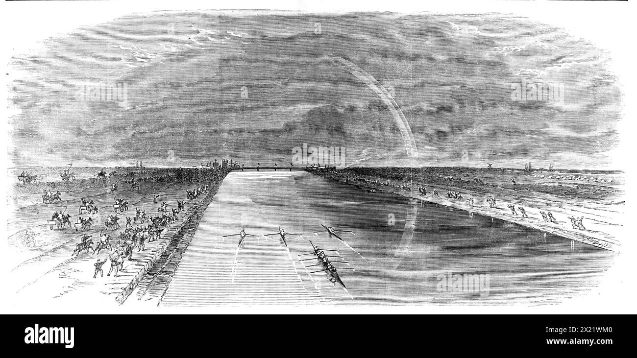 Sculling Match for &#xa3;250 tra Kelley, Chambers e Cooper, in The Eau Brink Cut, King's Lynn, [Norfolk], 1865. Incisione da uno schizzo di Robert Elwes. "Le grandi lotterie acquatiche per &#xa3;250, tra Robert Chambers, di St. Anthony's, il campione del Tyne; Henry Kelley, di Putney, il campione del Tamigi; e Robert Cooper, di Redheugh, vicino a Newcastle, è partito venerdì, oltre il campo da campionato di Ouse, nell'Eau Brink Cut, King's Lynn, a una distanza di 3300 metri... il campo da campionato è un bel pezzo d'acqua per una gara di barche, essendo perfettamente dritto per due milioni Foto Stock