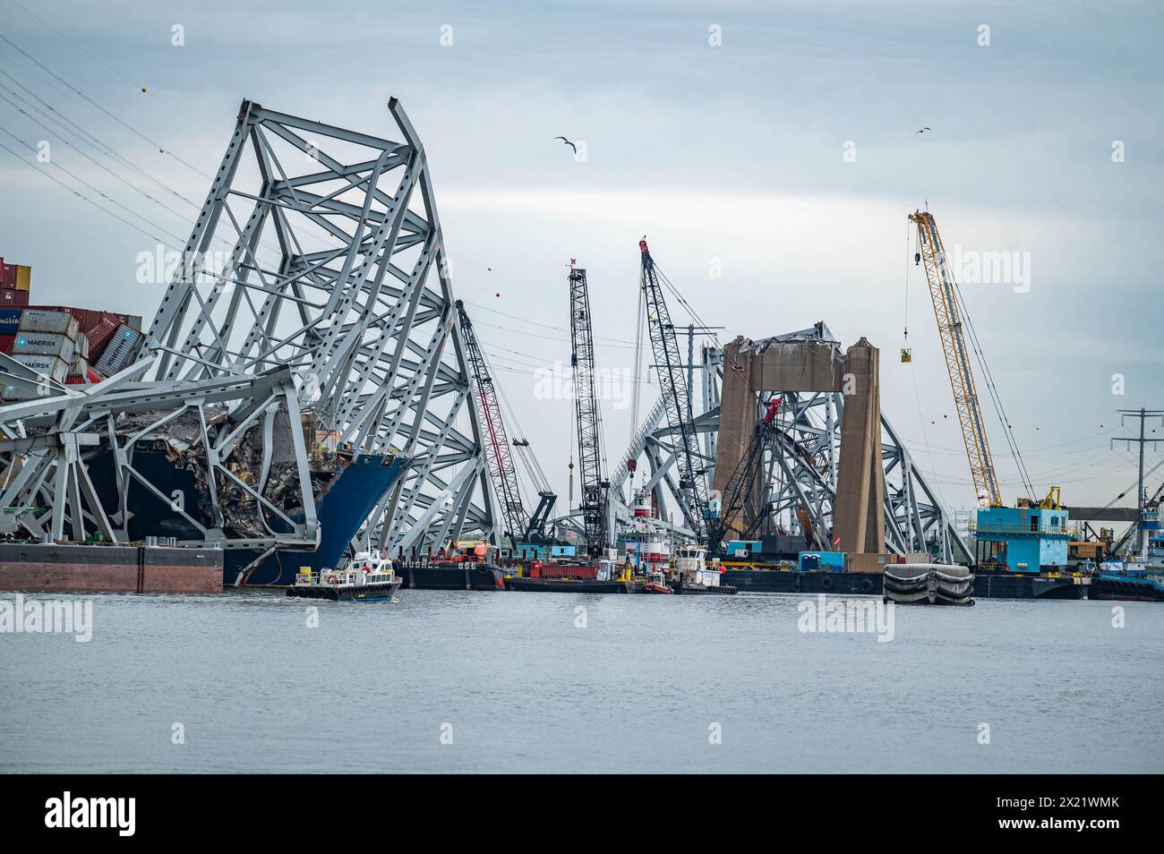 Dundalk, Stati Uniti d'America. 17 aprile 2024. Crane Barges Life Wreckage of the Collapsed Francis Scott Key Bridge from the MV Dali Container Ship mentre i lavori continuano ad aprire il canale di Fort McHenry, il 17 aprile 2024, vicino a Dundalk, Maryland. Il ponte fu colpito dalla nave portacontainer di 984 piedi il 26 marzo e crollò uccidendo sei lavoratori. Crediti: MC2 Theodore Lee/U.S. Navy Photo/Alamy Live News Foto Stock