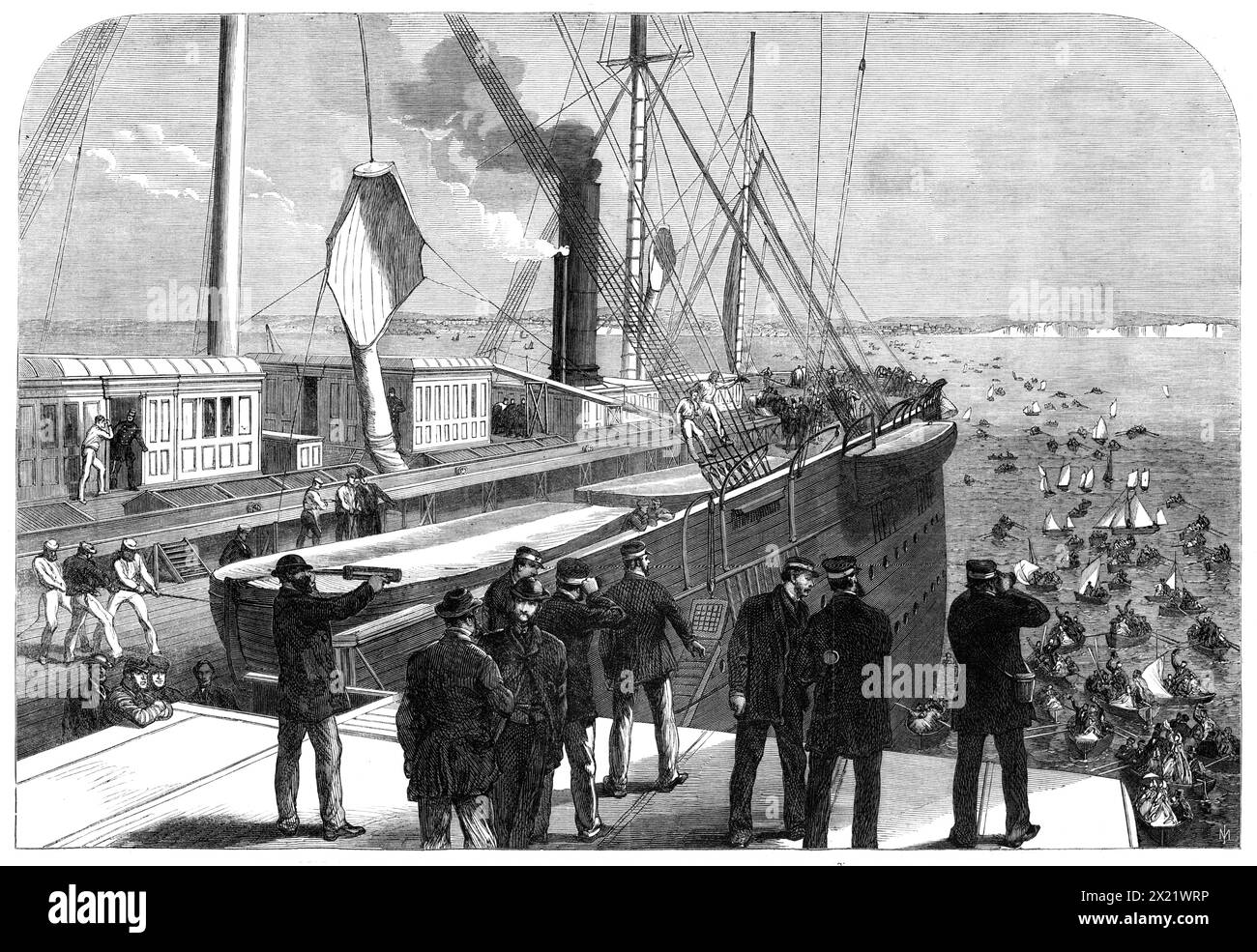 The Atlantic Telegraph Expedition: The Great Eastern al largo di Brighton al suo ritorno a casa - da uno sketch del nostro artista speciale, 1865. Il Great Eastern '...si trovava al largo di Brighton sabato settimana, di mattina presto, quando il nostro artista ha fatto uno schizzo, che abbiamo inciso, mostrando la folla di barche, pieni di visitatori curiosi e ammirati, che si avvicinava alle sue enormi fazioni, per dare il benvenuto a coloro che erano stati impegnati, anche se senza successo, in una delle più grandi imprese di modem... ci auguriamo vivamente che il prossimo anno... la posa del telegrafo Atlantico sarà compiuta con la massima precisione Foto Stock