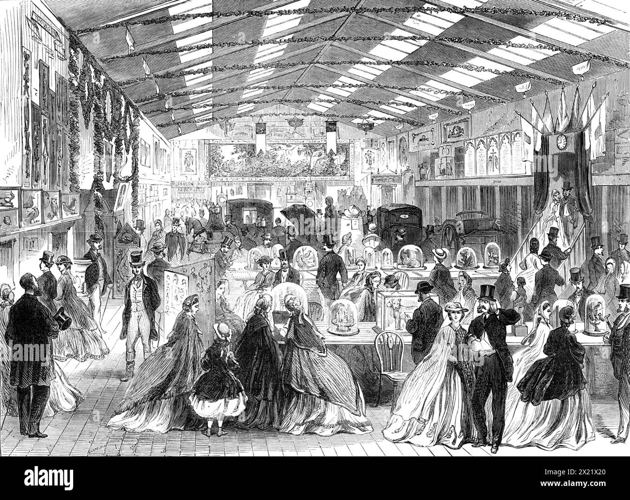 Wakefield Industrial Exhibition, 1865. "Questa mostra... da allora si è dimostrata di maggior successo, il numero di visitatori fino ad oggi è stato superiore a 50.000. E' stato ben organizzato per combinare il carattere generalmente attraente di un'esposizione di manufatti e esemplari d'arte o di design con quello di una grande mostra di produzioni umili ma individualmente più interessanti delle classi lavoratrici...esemplari di manufatti, macchinari in movimento, strumenti musicali, mobili; architetture, modelli marini e altri modelli; disegni, dipinti, sculture, fotografie, sculture in legno, uccelli ripieni e. Foto Stock