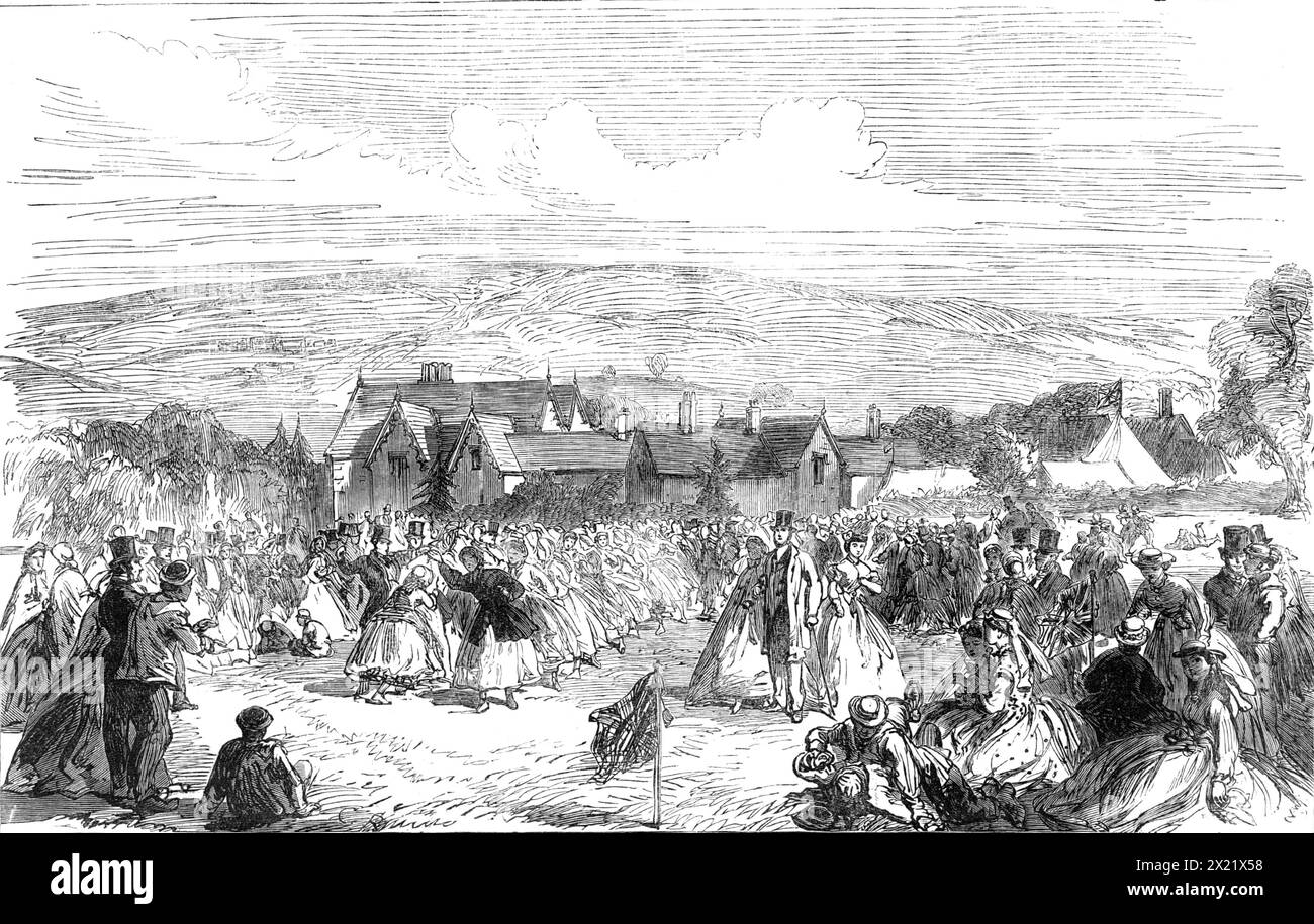 Harvest-Home a Bywell, Northumberland, 1865. "La piacevole e razionale usanza di tenere una festa del villaggio per accompagnare il dovuto servizio di ringraziamento nella chiesa parrocchiale al completamento del raccolto si sta diffondendo ampiamente, di ultimi anni... [dopo il servizio a St. Peter's Church, Bywell,] ...tutti andarono in processione al campo dove si svolgevano le danze e i giochi, iniziando con una danza country sulla melodia di "Corn Rigs", la danza successiva è un rullo sulla melodia di "Speed the Plough". Gare di corsa, gare di ostacoli e partite di salto, per premi come un maiale, un spad Foto Stock