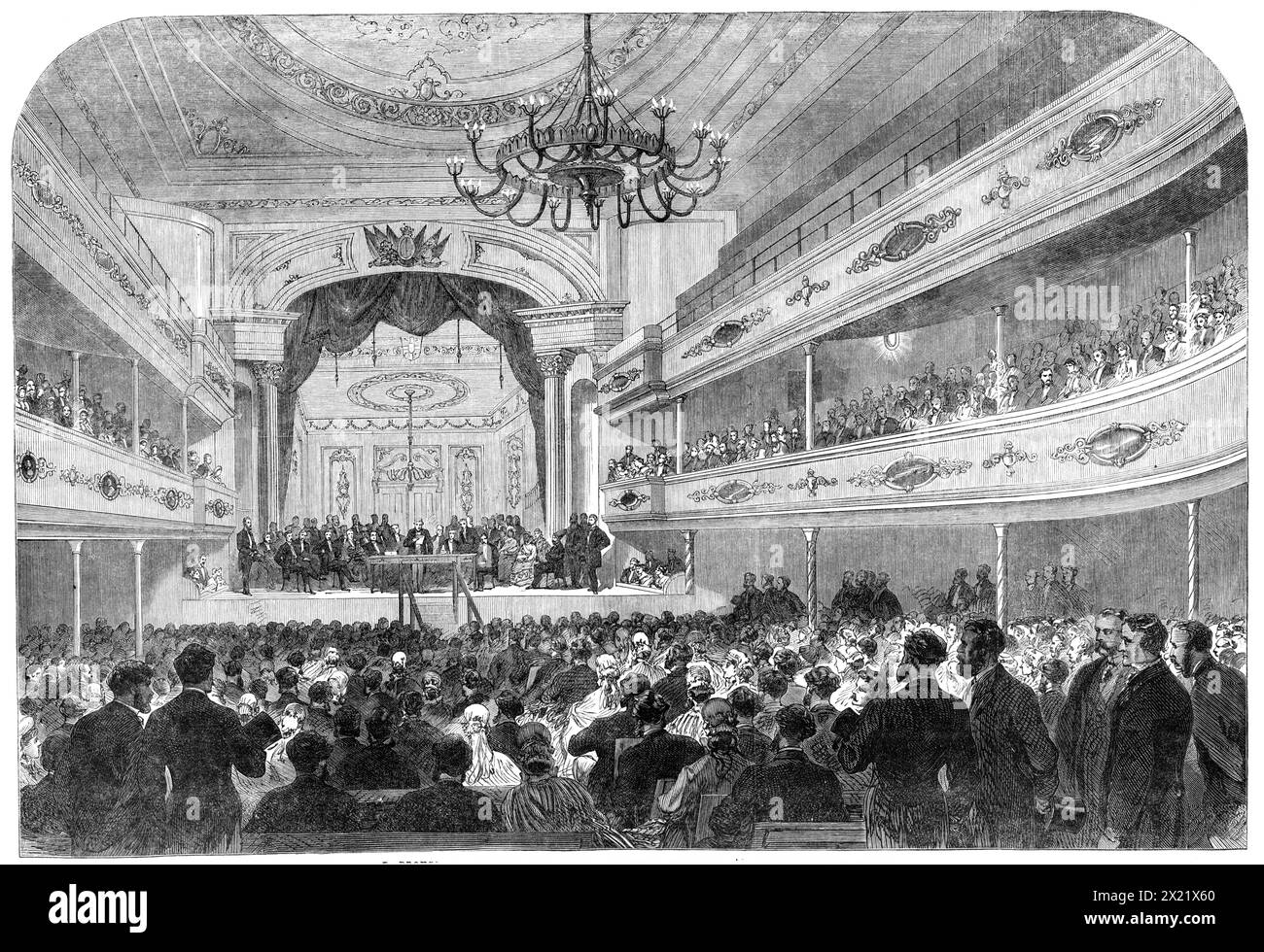 Lord Brougham apre il Congresso di Scienze sociali a Sheffield, 1865. Veduta di 'il discorso inaugurale di Lord Brougham alla riunione di apertura del nono Congresso annuale della National Association for the Promotion of Social Science...[l'incontro] si è tenuto nella Alexandra Music-hall, ex teatro, ma ora un luogo di riunione bello e conveniente per ogni occasione pubblica... il rapporto letto dal signor Hastings, il segretario generale, affermava che circa 1000 membri, associati e donne avevano partecipato alla riunione...". Da "Illustrated London News", 1865. Foto Stock
