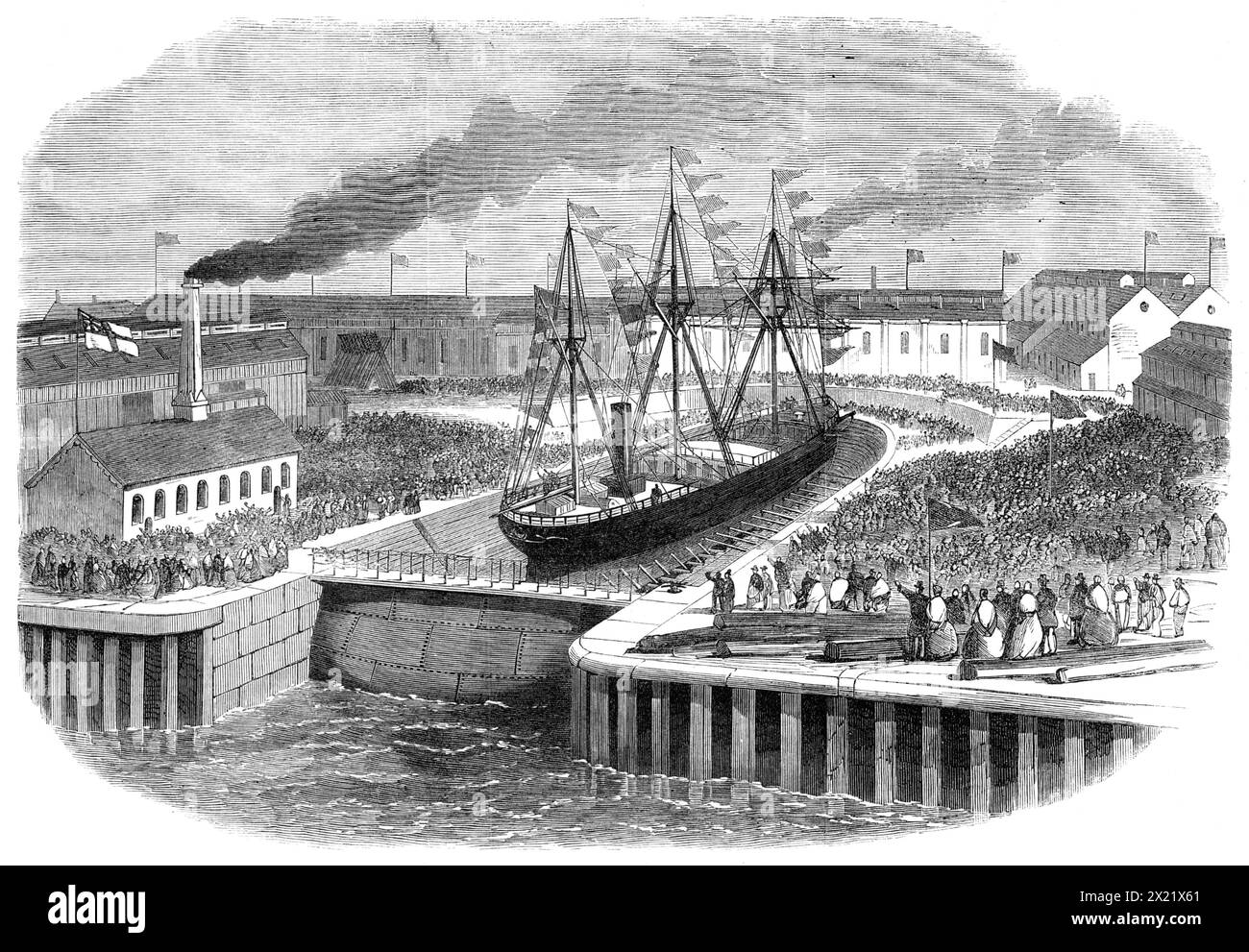 Apertura di un nuovo molo per graving a Jarrow, sulla Tyne, 1865. 'Un grande bacino di graving, in connessione con lo stabilimento di costruzione navale in ferro di Jarrow, è stato aperto... dalla signora Hutt... i lavori di costruzione del molo si sono estesi per circa tre anni, e il costo è stimato a &#xa3;50.000 o &#xa3;60,000. È il più grande molo del genere in uno qualsiasi dei porti sulla costa orientale dell'Inghilterra, e possiede una sistemazione sufficiente per la più grande nave della Marina britannica. Sarà un grande vantaggio per il commercio del porto, soprattutto perché sarà aperto per l'uso Foto Stock