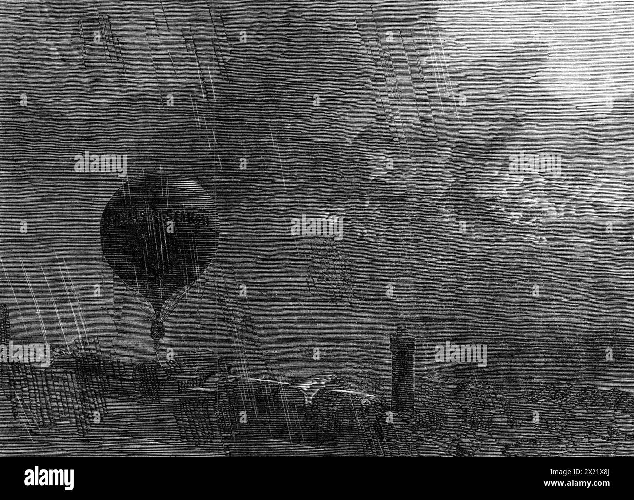 Salita della grande mongolfiera di Mr. Coxwell dal Crystal Palace Grounds, 1865. Il pallone del signor Coxwell, chiamato "ricerca"... è composto da cinquanta gole, ciascuna di 44 pollici. largo al centro e 105 piedi lungo. Contiene circa 112.000 piedi cubi di gas... aveva piovuto molto durante il pomeriggio Coxwell commenta: "La nuvola inferiore, una massa diffusa, appesa pesantemente sopra il Palazzo di cristallo, e le sommità delle torri erano parzialmente oscurate... in meno di un minuto siamo stati persi di vista... la pioggia ha corso lungo i lati della mongolfiera e ci ha coperto abbattendo il neck...in di Foto Stock