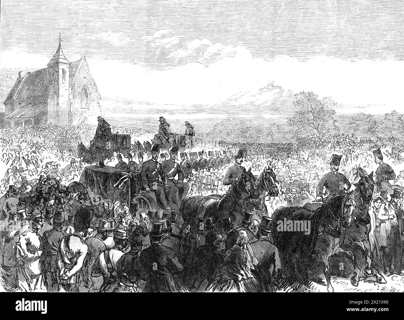 Funerale, domenica scorsa, del sergente Dransfield, R.E., istruttore del 1st Tower Hamlets Engineer Volunteers, 1865. '...qualche giorno fa, a Victoria Park [nell'East London], il sergente Dransfield, dei Royal Engineers, mentre svolgeva i suoi compiti di istruttore al 1st Tower Hamlets Volunteer Engineers, è stato ucciso dall'esplosione prematura di una mina... il suo funerale, domenica scorsa, nel Tower Hamlets Cemetery, Bow, ci hanno partecipato con onori militari... ogni membro del corpo indossava una banda di crape sul braccio sinistro... gli ufficiali indossavano una fascia nera, una banda, con un arco di crape, attorno al busby, Foto Stock