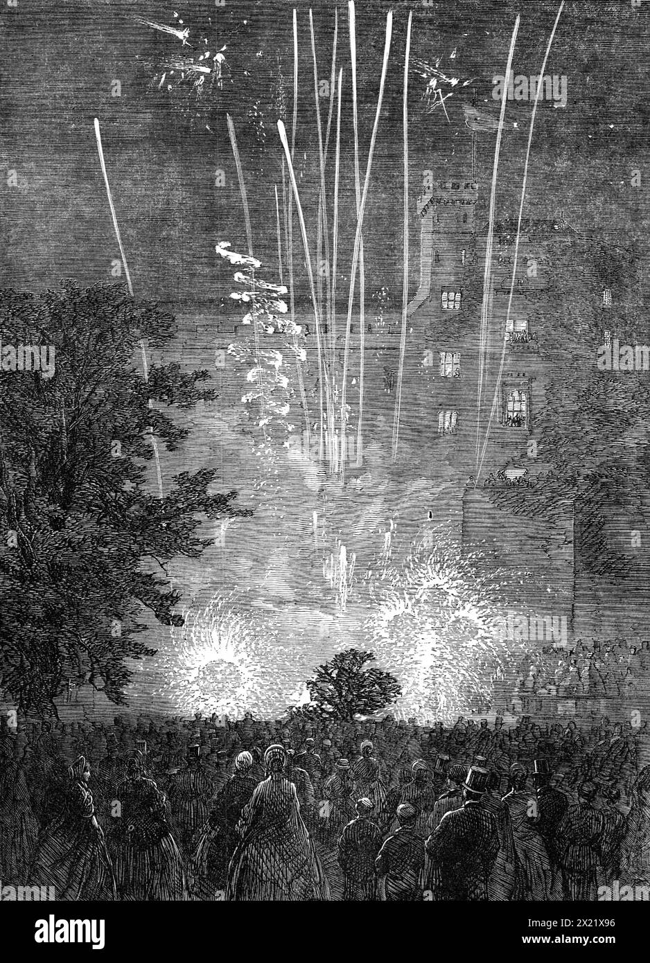 Festeggiamenti al castello di Kilkenny [in Irlanda] sulla venuta dell'età del marchese di Ormonde, 1865. Per festeggiare il ventunesimo compleanno del giovane Signore... c'era una grande esibizione di fuochi d'artificio sul prato del castello... su disposizione di un comitato di cittadini. Fu fornito dal signor J. Lawrence, di Dublino, e consisteva di vari razzi d'acqua, fontane di fuoco e altri dispositivi; anche una bella ruota orizzontale, che scaricava stelle colorate in ogni direzione, che era galleggiata su una zattera nel fiume, con un effetto meraviglioso. I fuochi d’artificio aerei comprendevano razzi di ogni possibile descrizione, Foto Stock