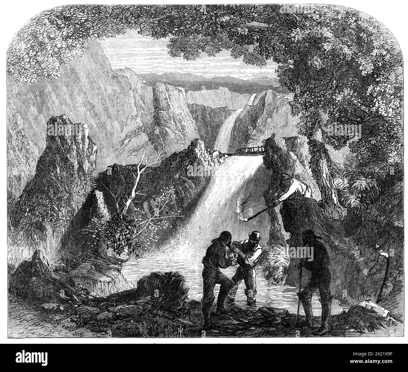 Scena da "Never Too Late to Maid", al Princess's Theatre, 1865. Produzione teatrale a Londra. "Quell'interessante dramma della vita sociale moderna, fondato sulla popolare storia di Charles Reade di "Never Too Late to Maid", susciterà probabilmente per molto tempo le simpatie del pubblico affollato che si riunisce ogni sera nel Teatro della Principessa... la nostra illustrazione offre una visione di uno dei più efficaci pezzi dello scenario appropriato disegnati e dipinti dal signor Lloyd per questa commedia; è la scena notturna nel burrone, da qualche parte nei campi d'oro australiani, dove, alla luce di un Foto Stock