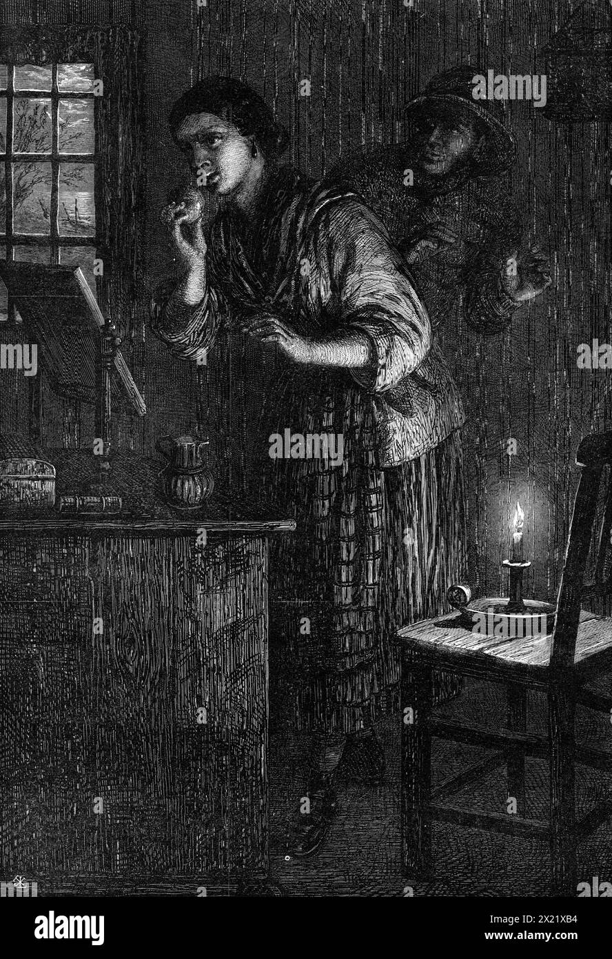 "Allhallows Eve", disegnato da J.T. Lucas, 1865. Incisione di un disegno. L'ultima notte di ottobre, la veglia del giorno di Ognissanti, si credeva, specialmente in Scozia, come dice Burns, in una nota alle sue poesie, "di essere una notte in cui streghe, diavoli e altri esseri che fanno male sono tutti all'estero nelle loro banali commissioni di mezzanotte." Ma gli spiriti più gentili e gentili perseguitavano il cuore rustico di quella notte... i poeti dell'uomo hanno testimoniato la pratica comune delle arti semplici della divinazione, con la quale, nell'ora mistica di Allhallow persino, le fanciulle rustiche appassionate cercavano di incidere Foto Stock