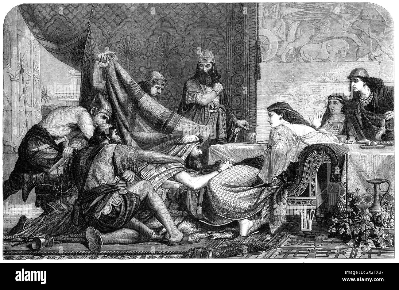 "Esther's Banquet", di E. Armitage, dalla Liverpool Exhibition of fine Arts, 1865. Incisione di un dipinto. "Ester [era] una delle fanciulle selezionate per la loro bellezza da sottomettere al re affinché potesse scegliere un successore della regina disobbediente e disonorata... al banchetto Ester supplica per la sua vita e quella del suo popolo; scopre al re il disegno del malvagio Haman... sulla regina che proclamava il tradimento assassino di Haman, si verifica il seguente passaggio (Ester vii. 7, 8), che diamo, essendo stato citato dal signor Armitage, nell'Academy catal Foto Stock